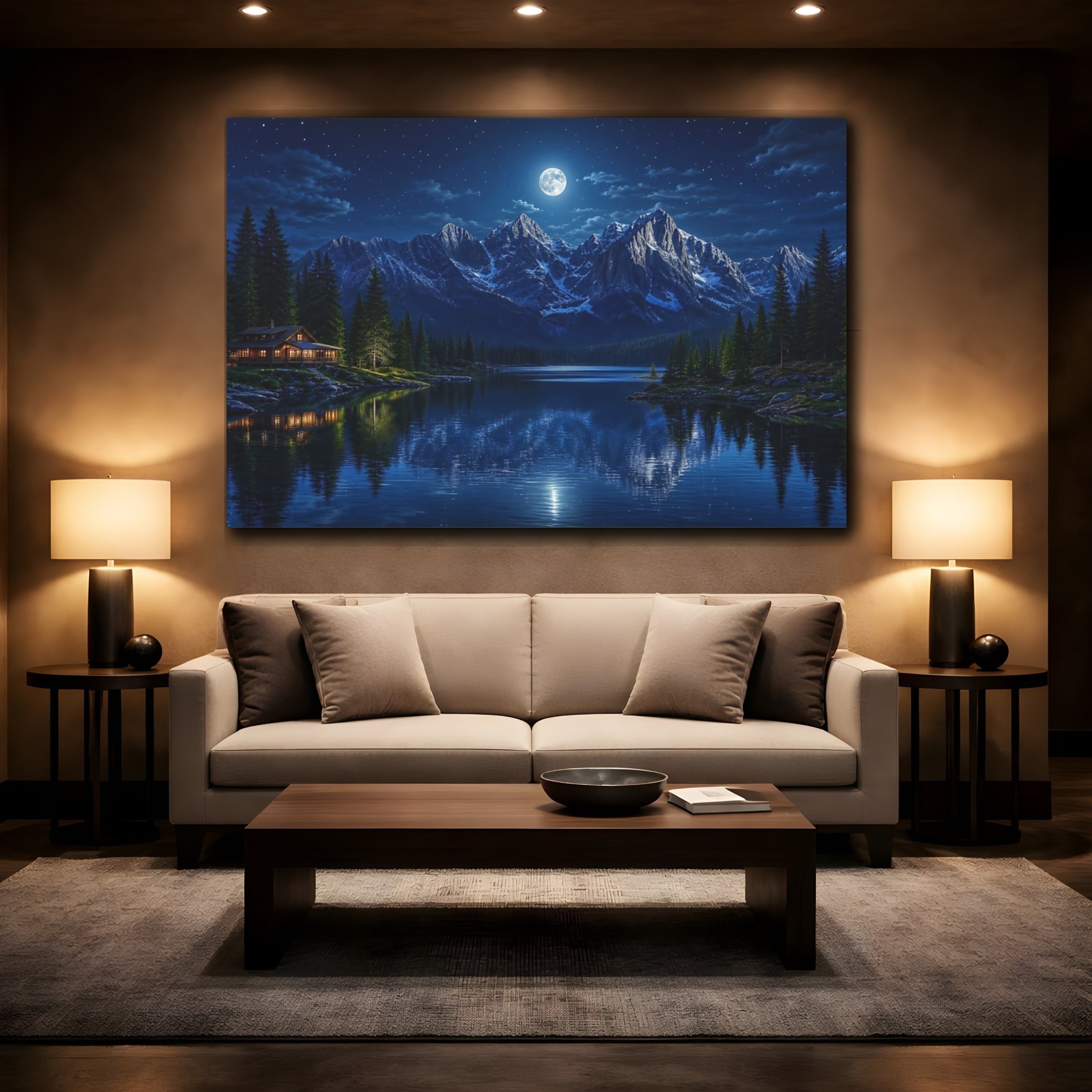 Mockup 2. Nature Moonlit Mountains Blue Night Mountains shown as stretched canvas wall art
