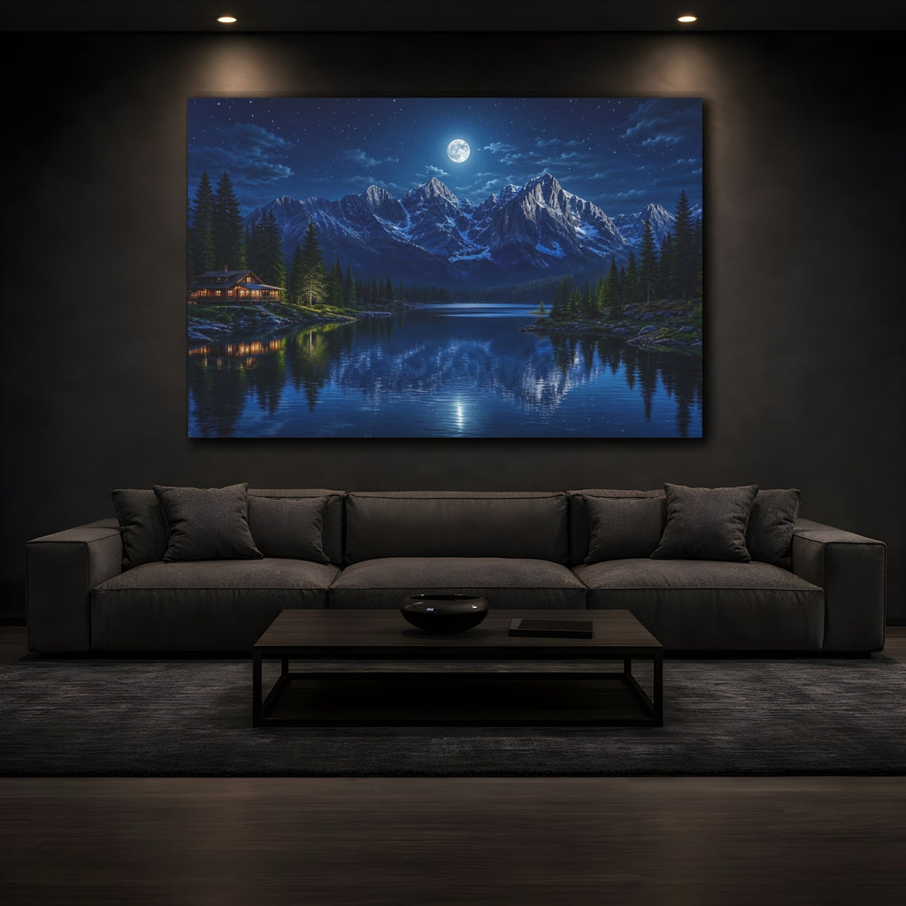 Mockup 3. Nature Moonlit Mountains Blue Night Mountains shown as stretched canvas wall art