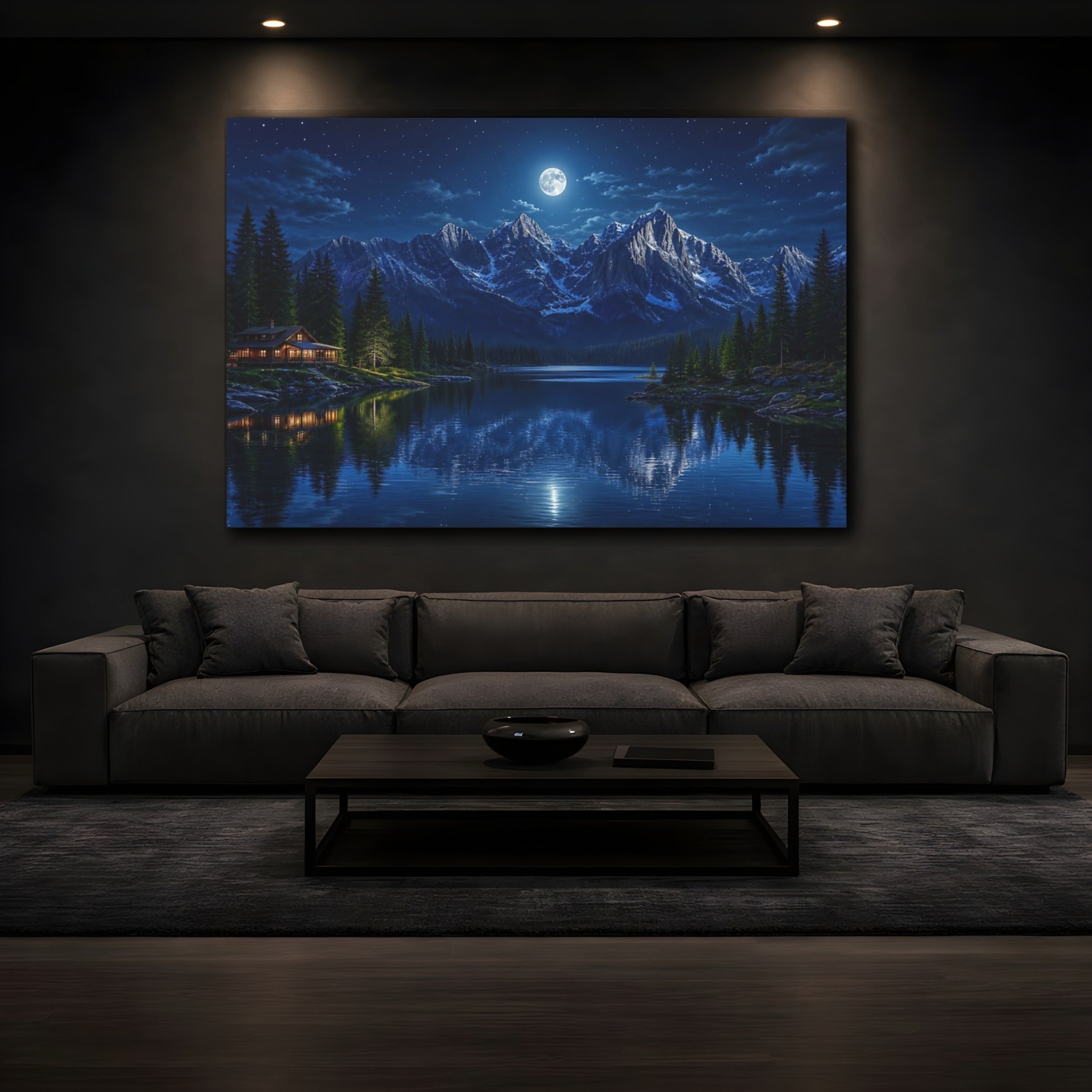 Mockup 3. Nature Moonlit Mountains Blue Night Mountains shown as stretched canvas wall art