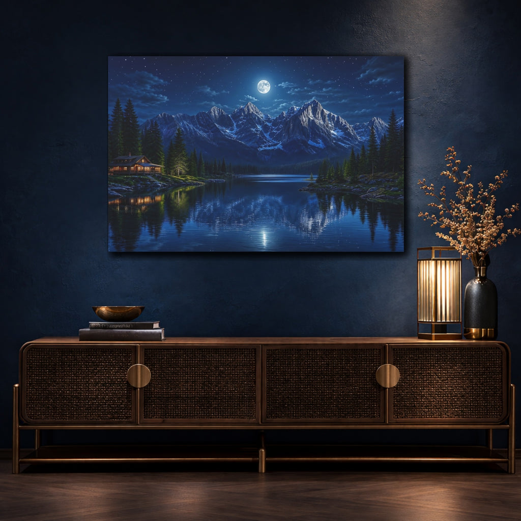 Mockup 4. Nature Moonlit Mountains Blue Night Mountains shown as stretched canvas wall art