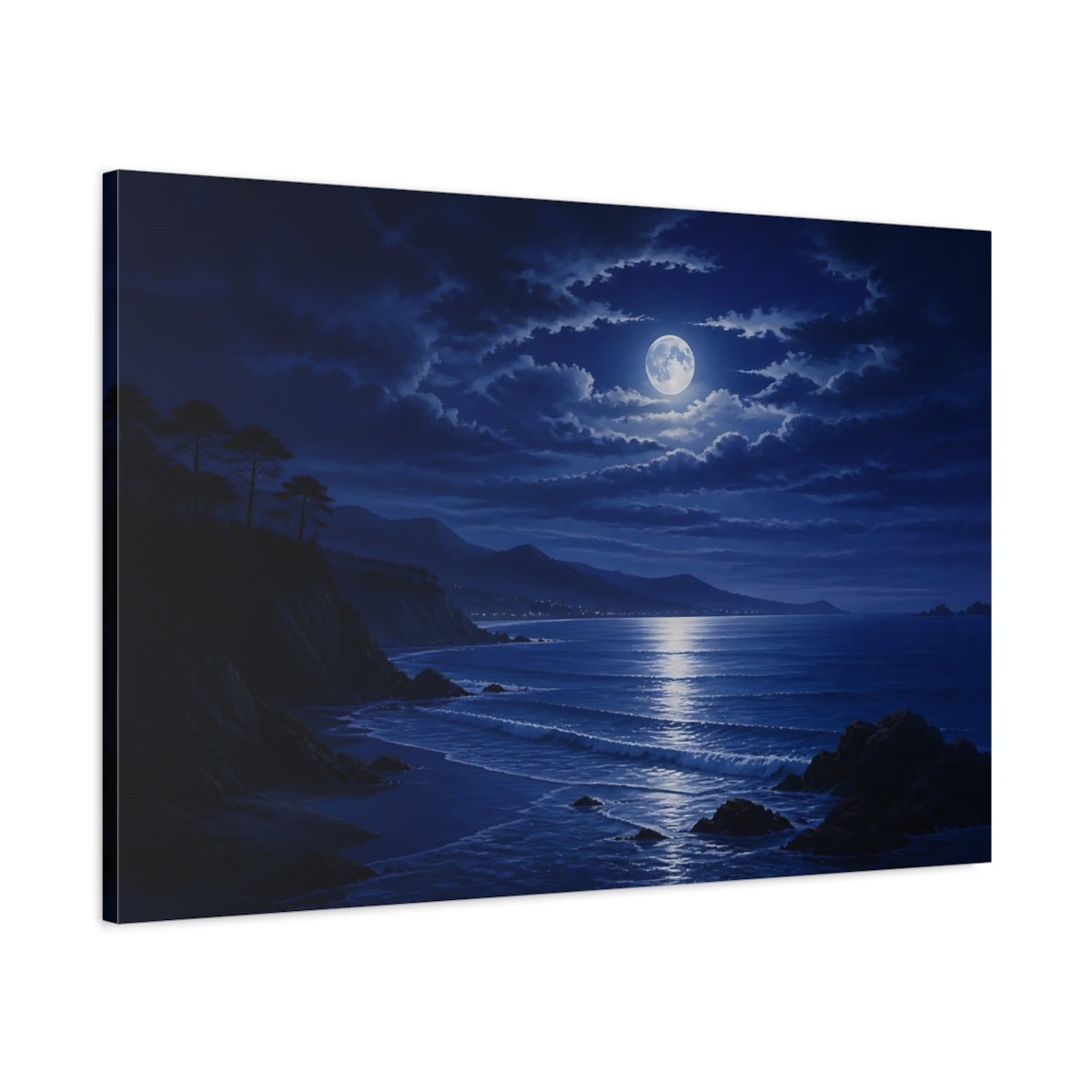 Main Mockup. Nature Moonlit Ocean Deep Blue shown as stretched canvas wall art