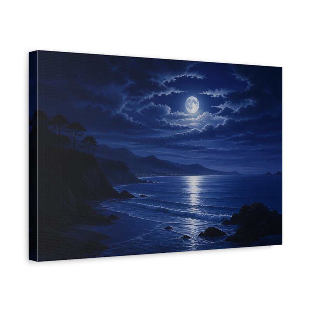 Side Mockup 4. Nature Moonlit Ocean Deep Blue shown as stretched canvas wall art