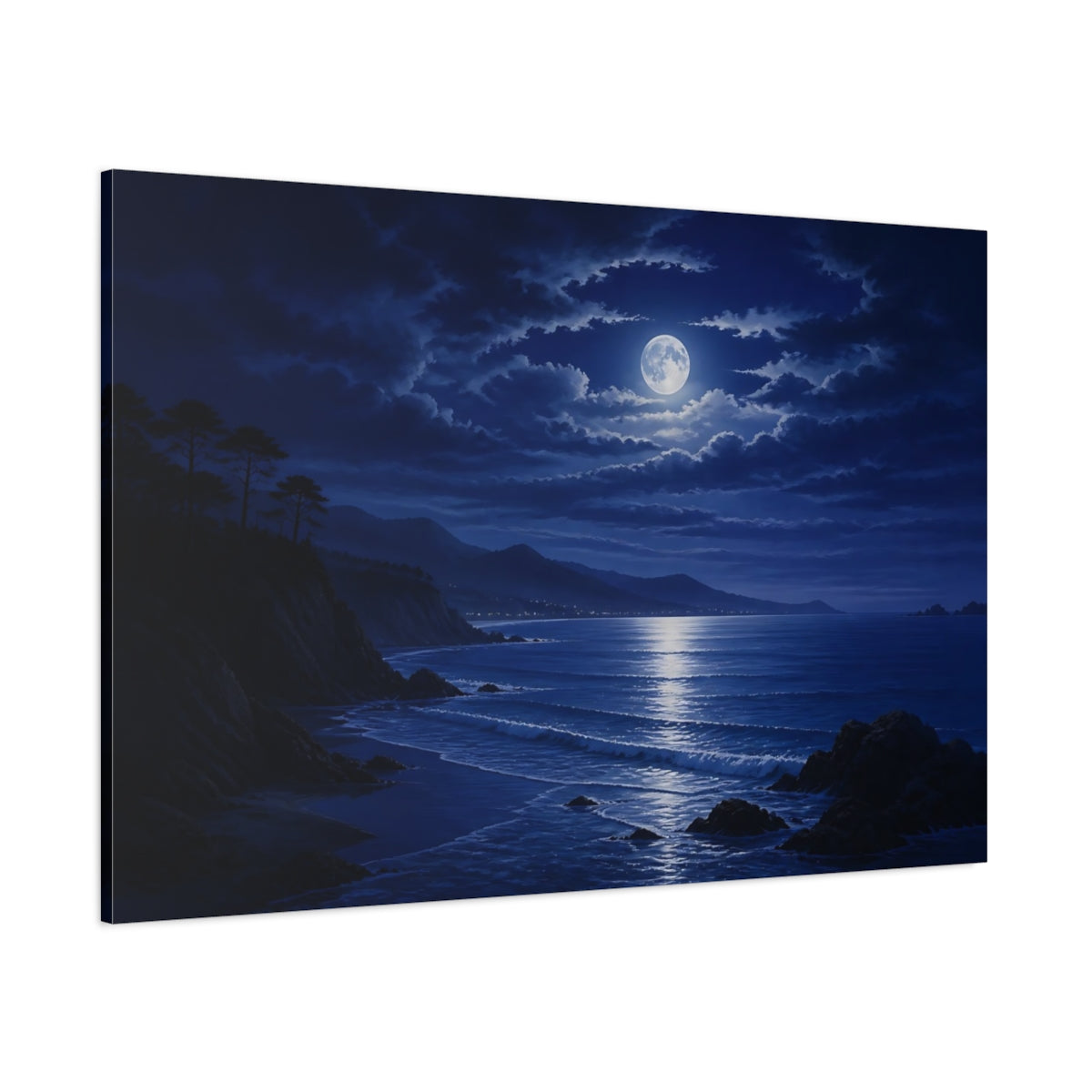 Side Mockup 1. Nature Moonlit Ocean Deep Blue shown as stretched canvas wall art