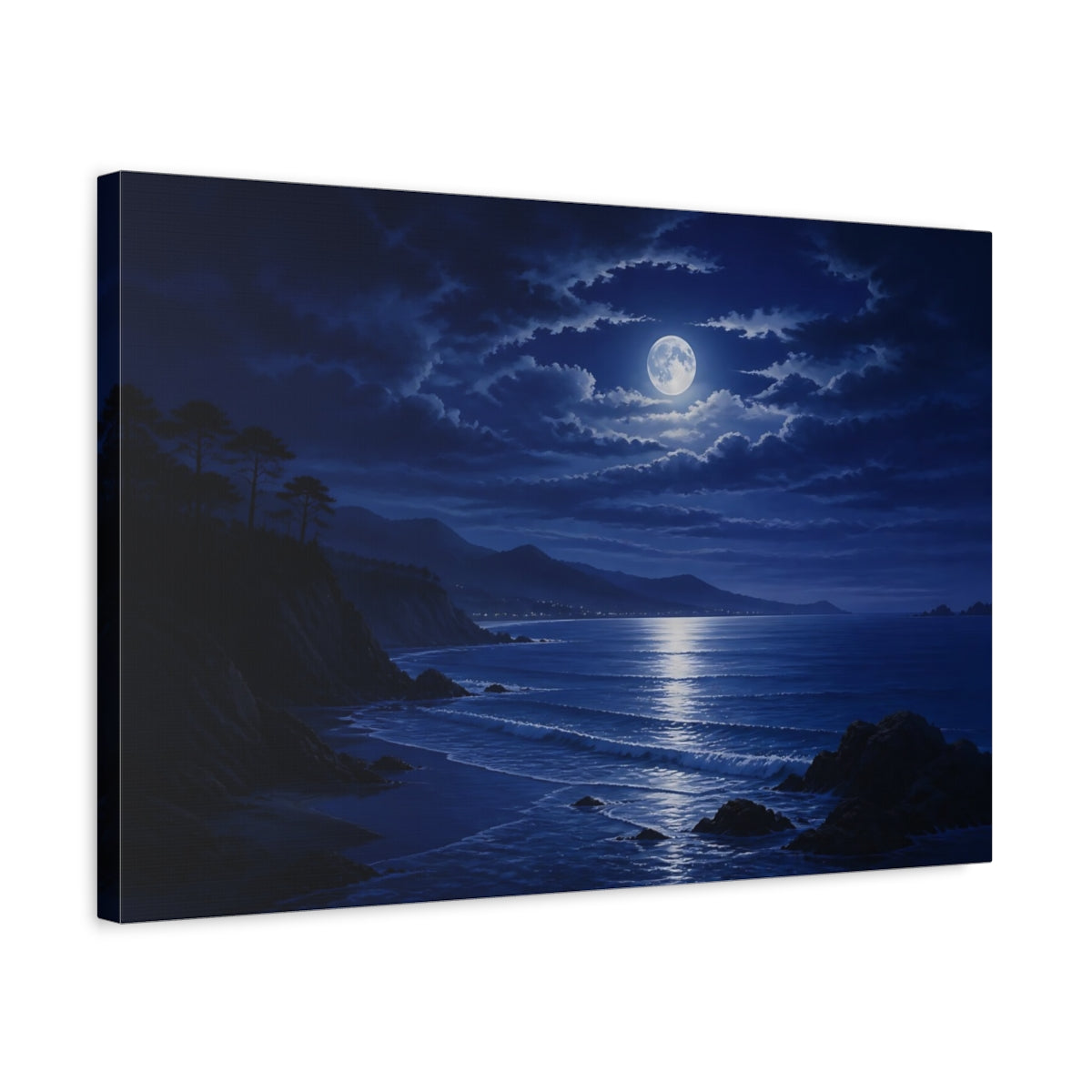 Side Mockup 3. Nature Moonlit Ocean Deep Blue shown as stretched canvas wall art