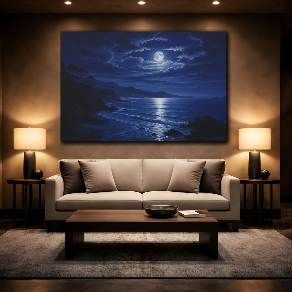 Mockup 2. Nature Moonlit Ocean Deep Blue shown as stretched canvas wall art