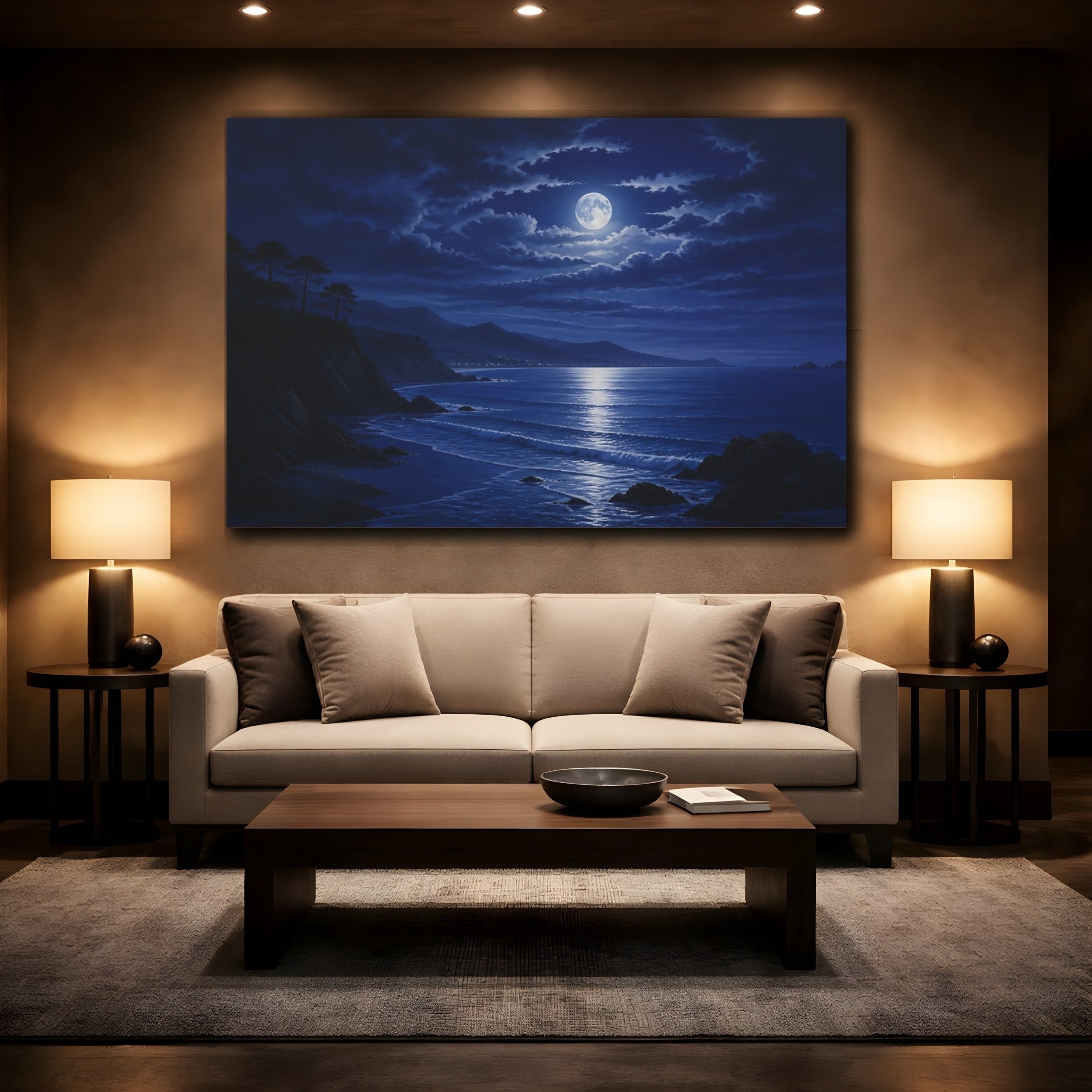 Mockup 2. Nature Moonlit Ocean Deep Blue shown as stretched canvas wall art