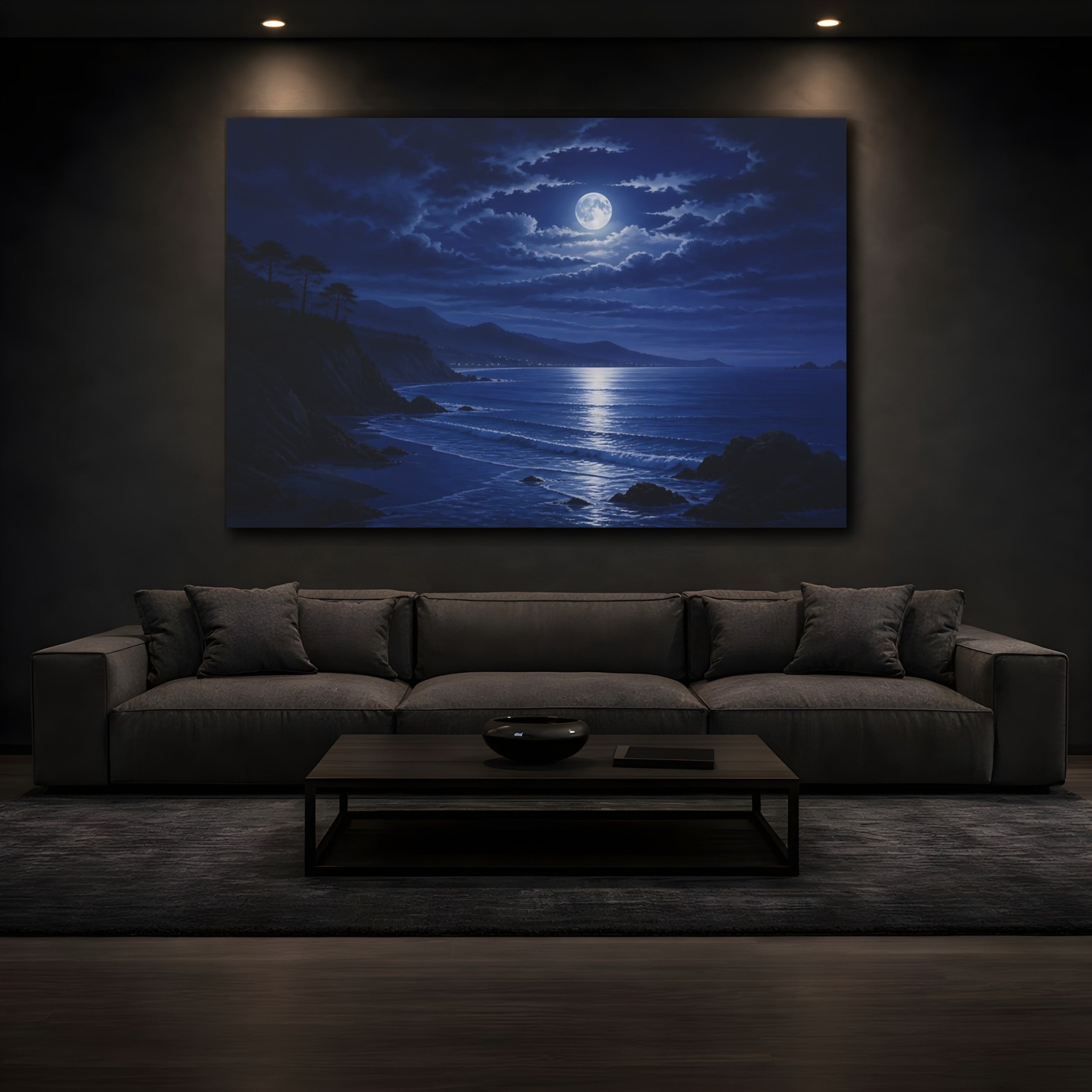 Mockup 3. Nature Moonlit Ocean Deep Blue shown as stretched canvas wall art