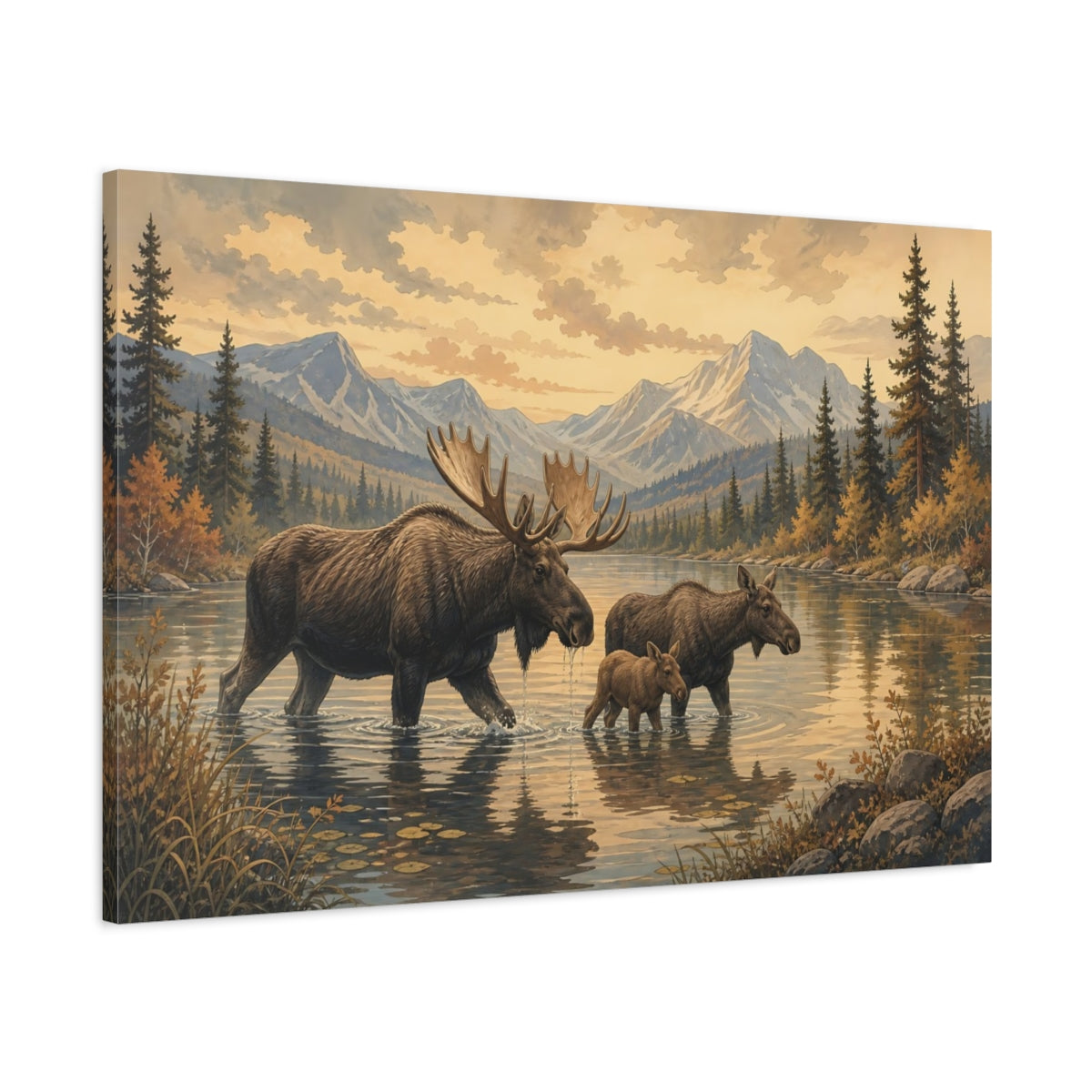 Main Mockup. Nature Moose Family Brown Golden Landscape shown as canvas print