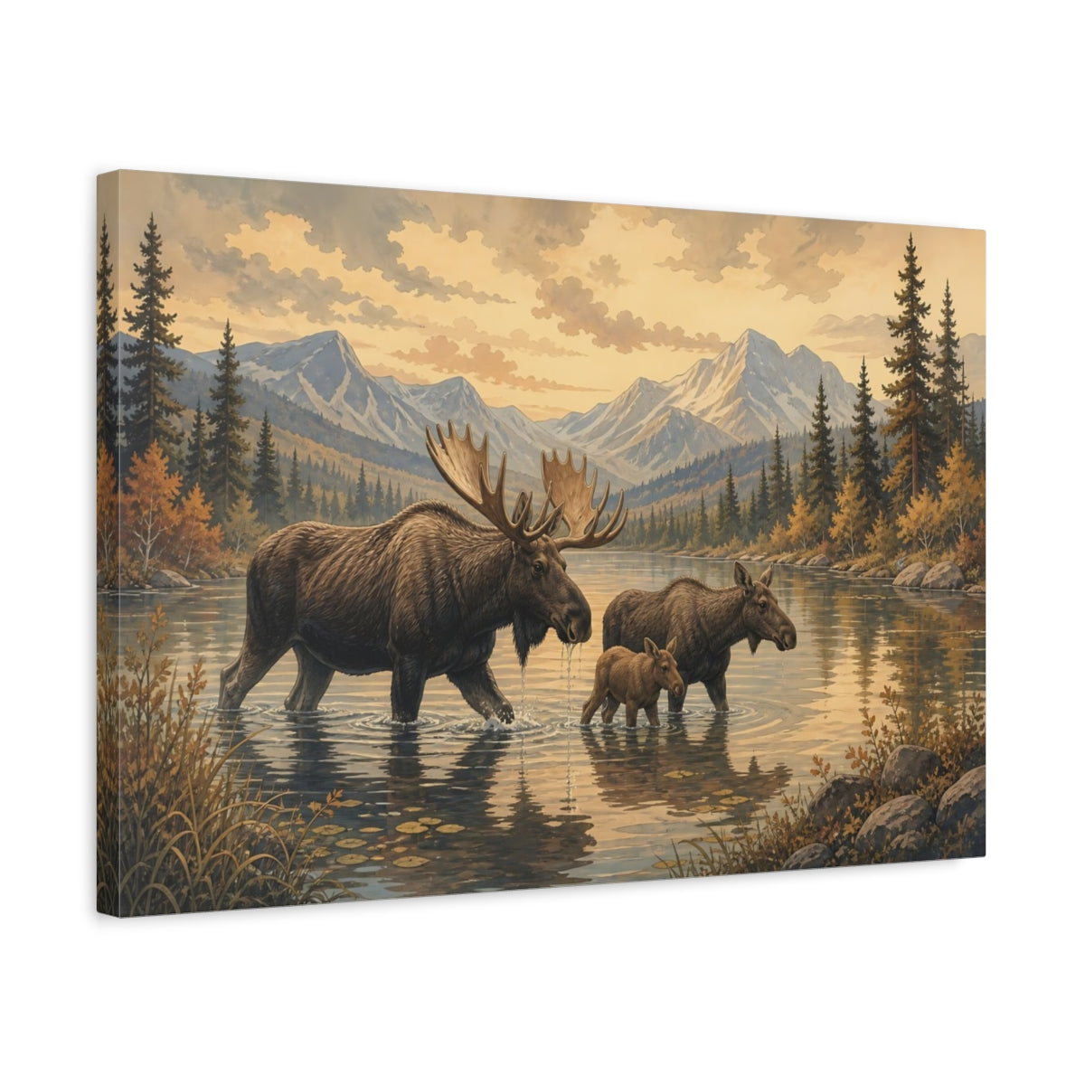 Side Mockup 3. Nature Moose Family Brown Golden Landscape shown as canvas print