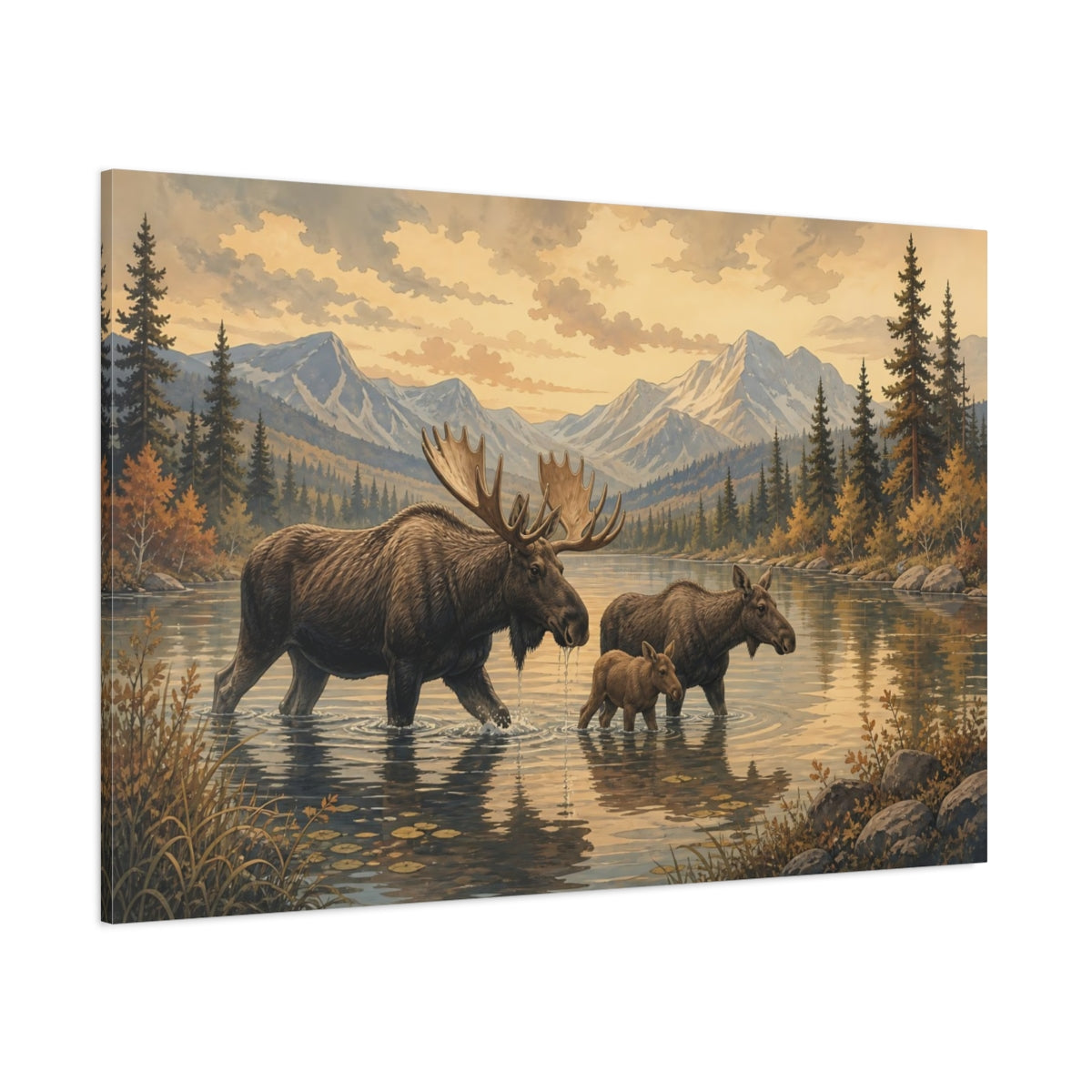 Side Mockup 1. Nature Moose Family Brown Golden Landscape shown as canvas print