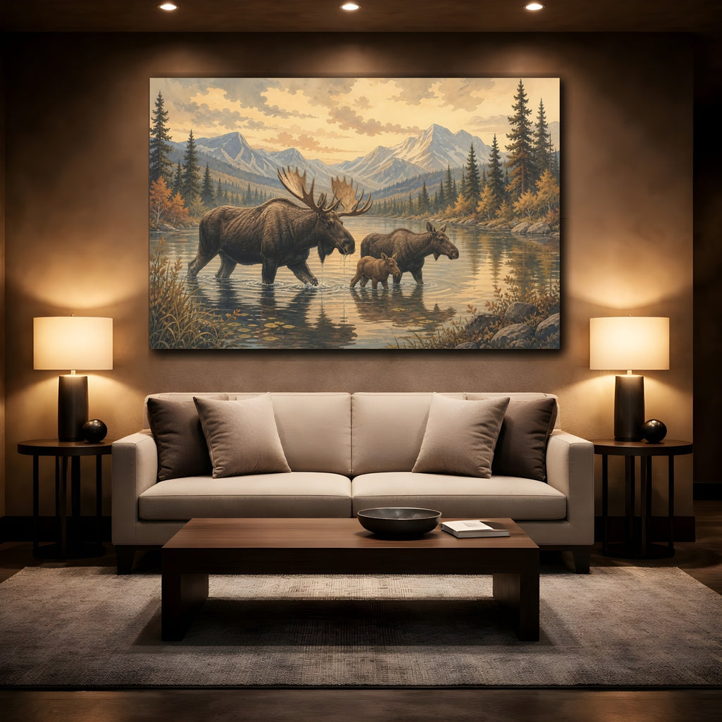 Mockup 2. Nature Moose Family Brown Golden Landscape shown as canvas print