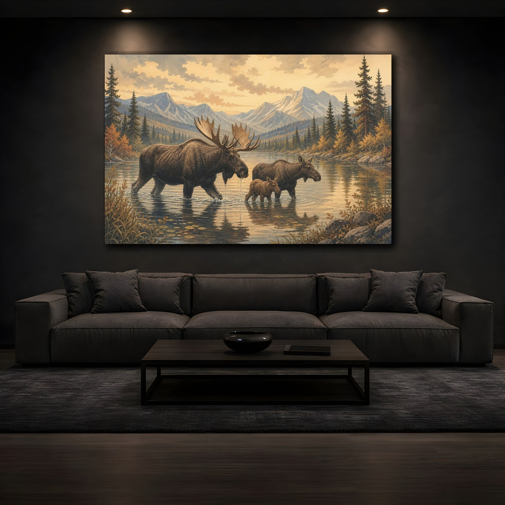Mockup 3. Nature Moose Family Brown Golden Landscape shown as canvas print