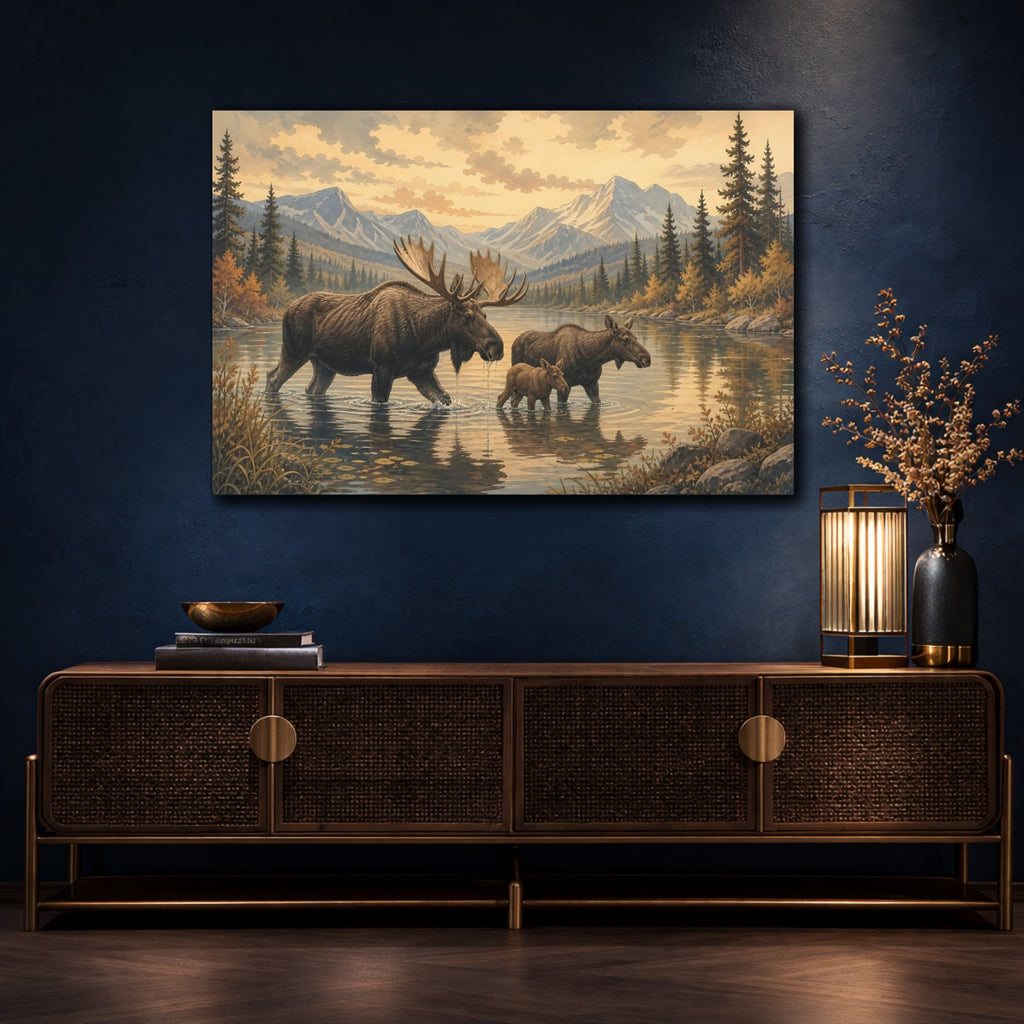 Mockup 4. Nature Moose Family Brown Golden Landscape shown as canvas print