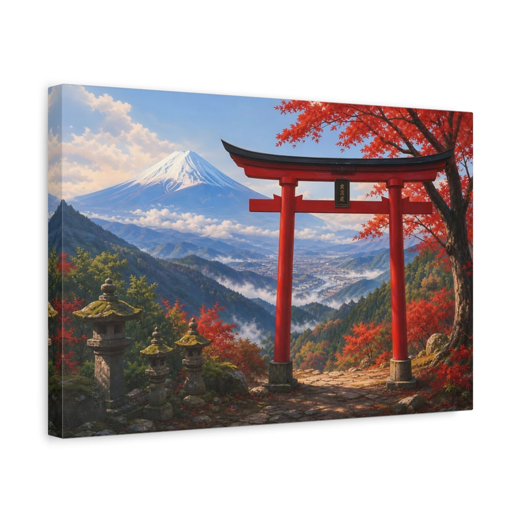 Side Mockup 4. Nature Mount Fuji, Torii Gate Red And Blue Landscape shown as stretched canvas wall art