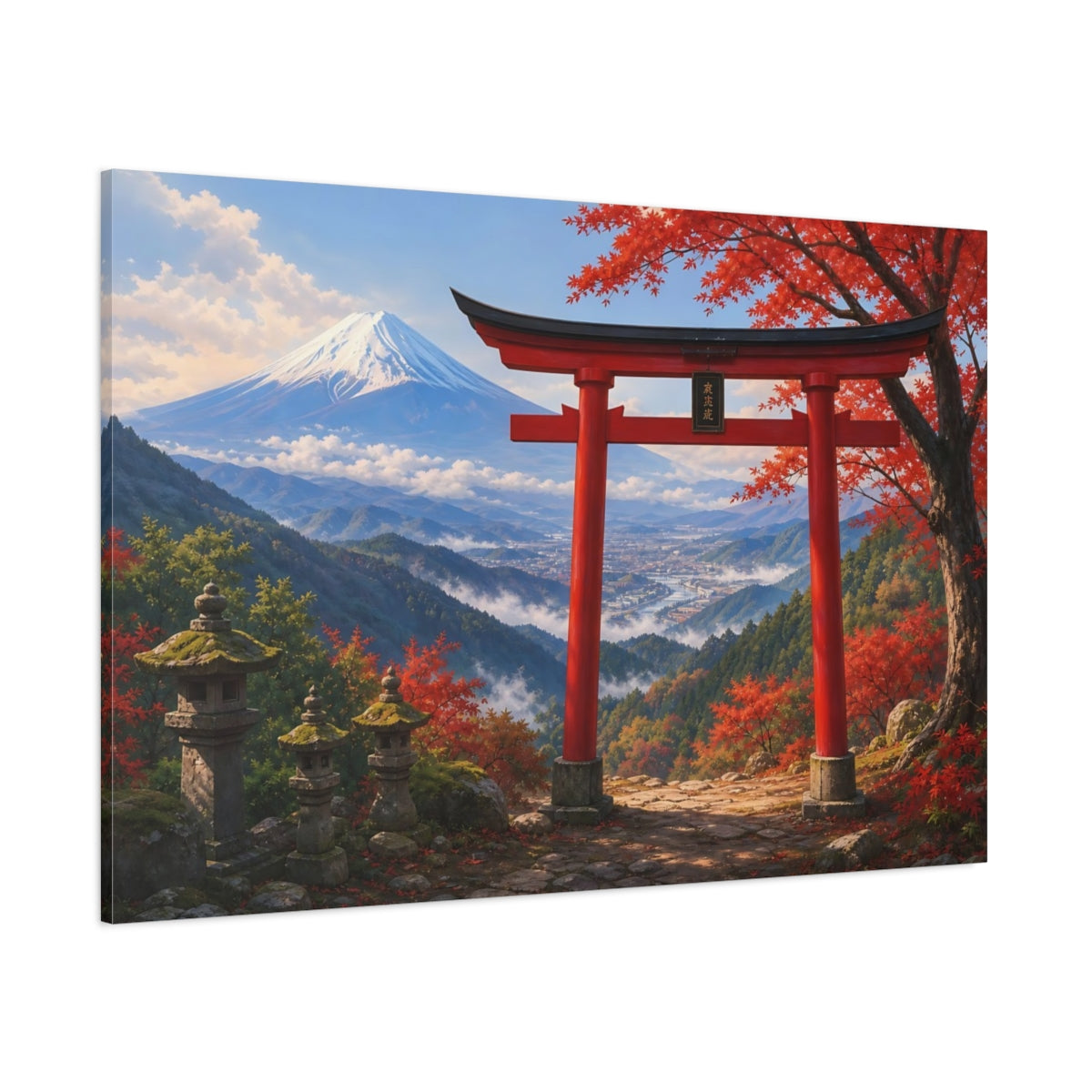 Side Mockup 1. Nature Mount Fuji, Torii Gate Red And Blue Landscape shown as stretched canvas wall art