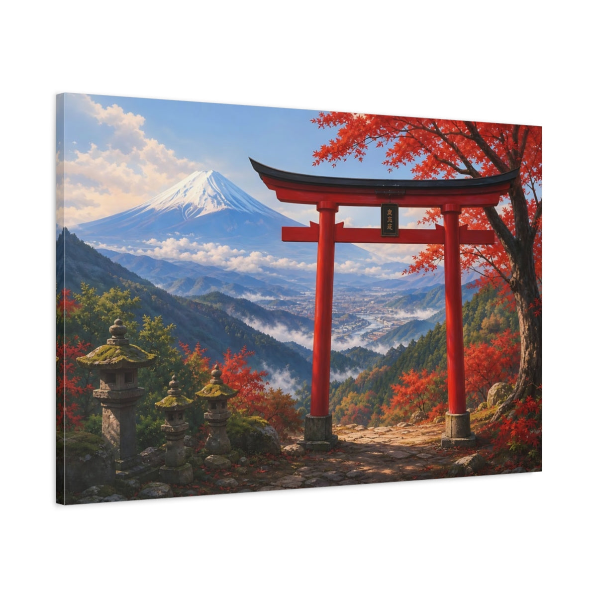 Main Mockup. Nature Mount Fuji, Torii Gate Red And Blue Landscape shown as stretched canvas wall art