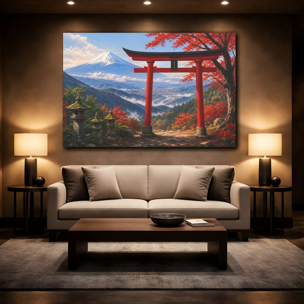 Mockup 2. Nature Mount Fuji, Torii Gate Red And Blue Landscape shown as stretched canvas wall art