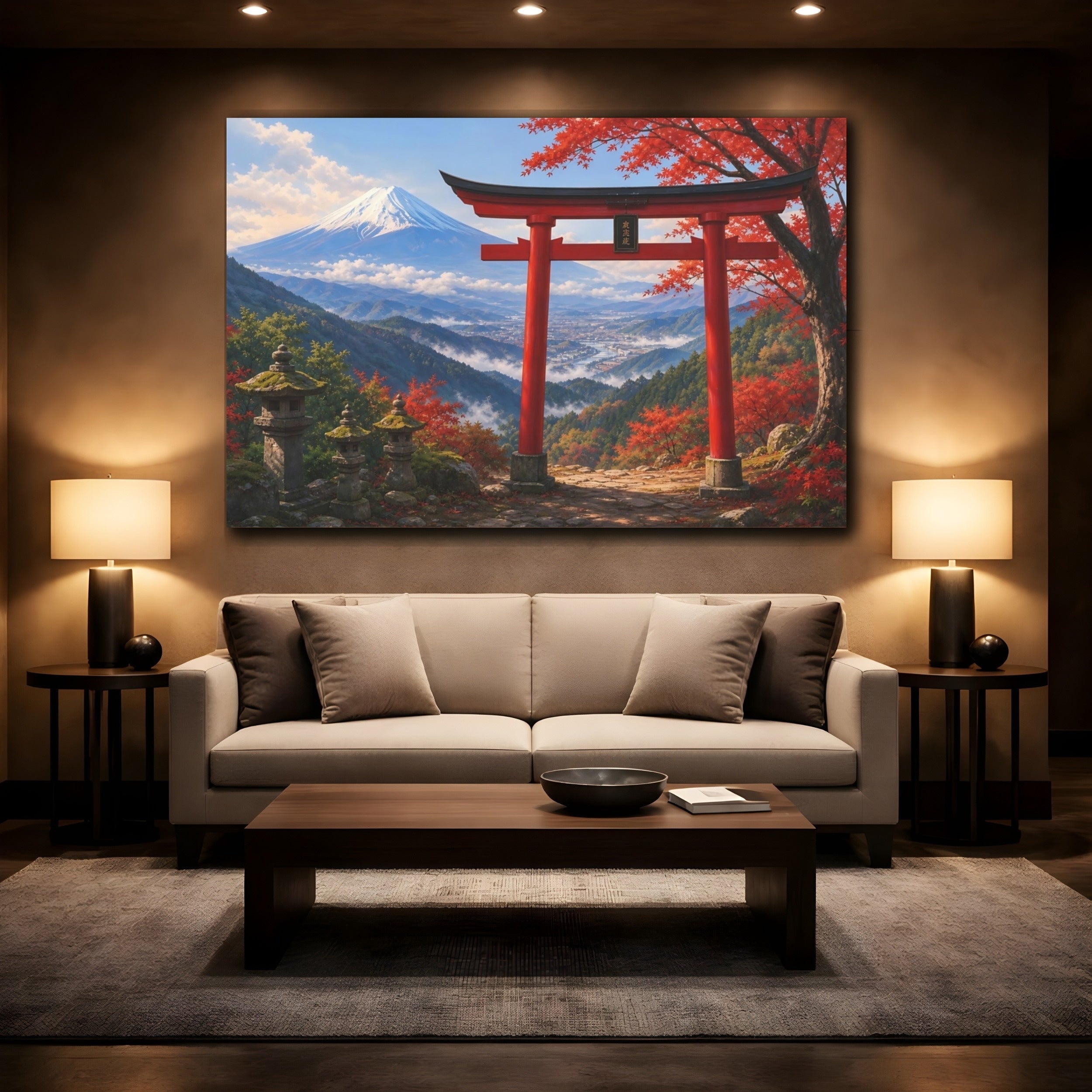 Mockup 2. Nature Mount Fuji, Torii Gate Red And Blue Landscape shown as stretched canvas wall art
