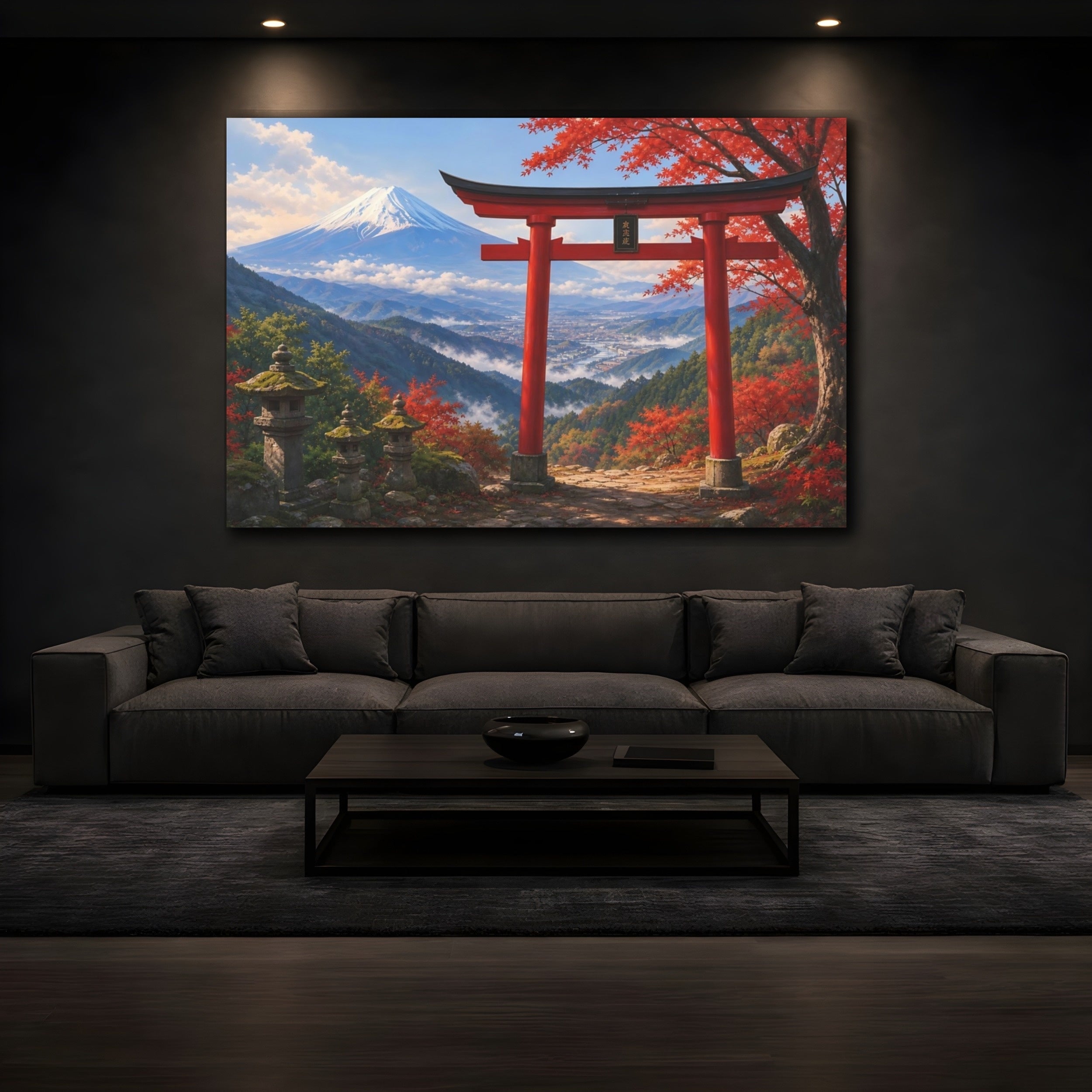 Mockup 3. Nature Mount Fuji, Torii Gate Red And Blue Landscape shown as stretched canvas wall art