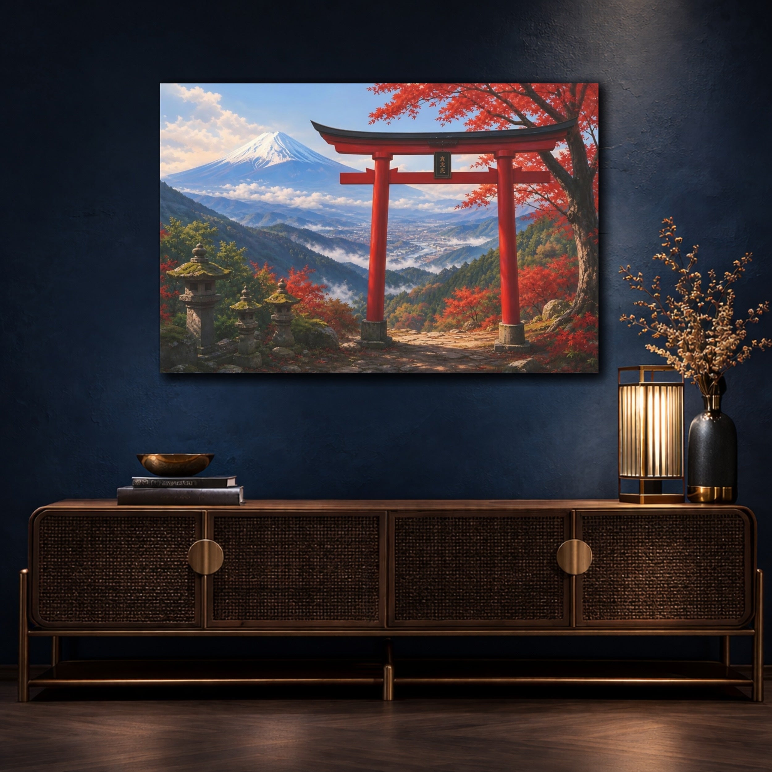 Mockup 4. Nature Mount Fuji, Torii Gate Red And Blue Landscape shown as stretched canvas wall art