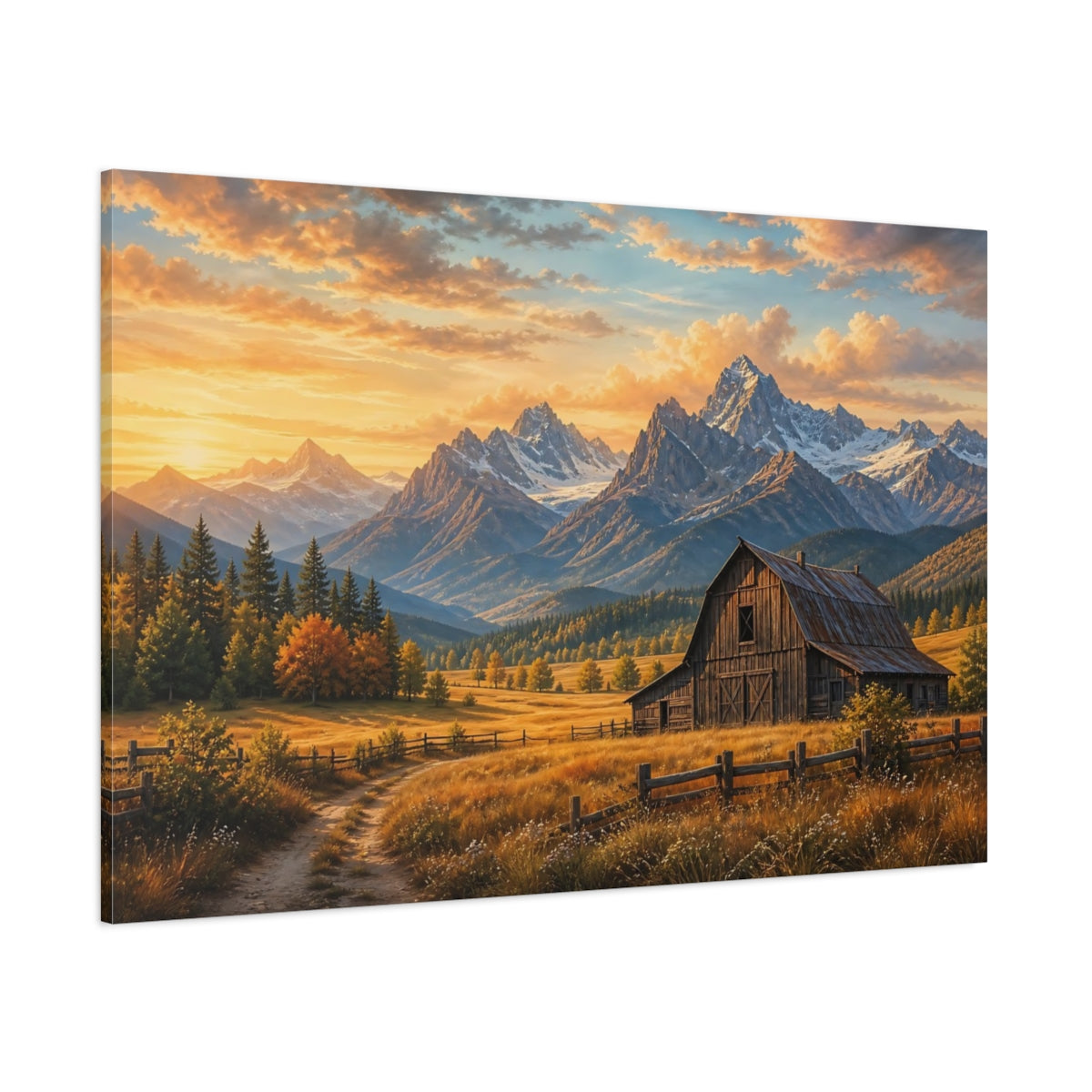 Side Mockup 1. Nature Mountain Barn Golden Mountain Barn shown as canvas print