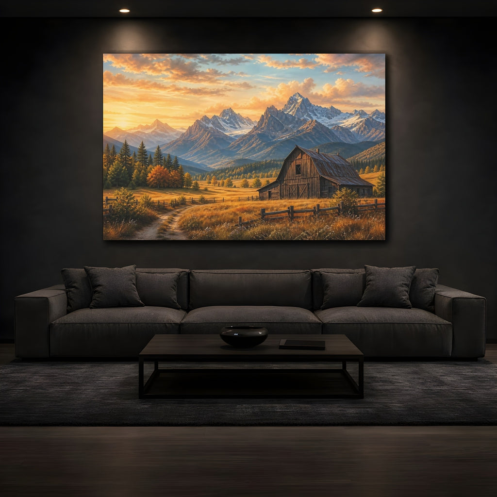 Mockup 3. Nature Mountain Barn Golden Mountain Barn shown as canvas print