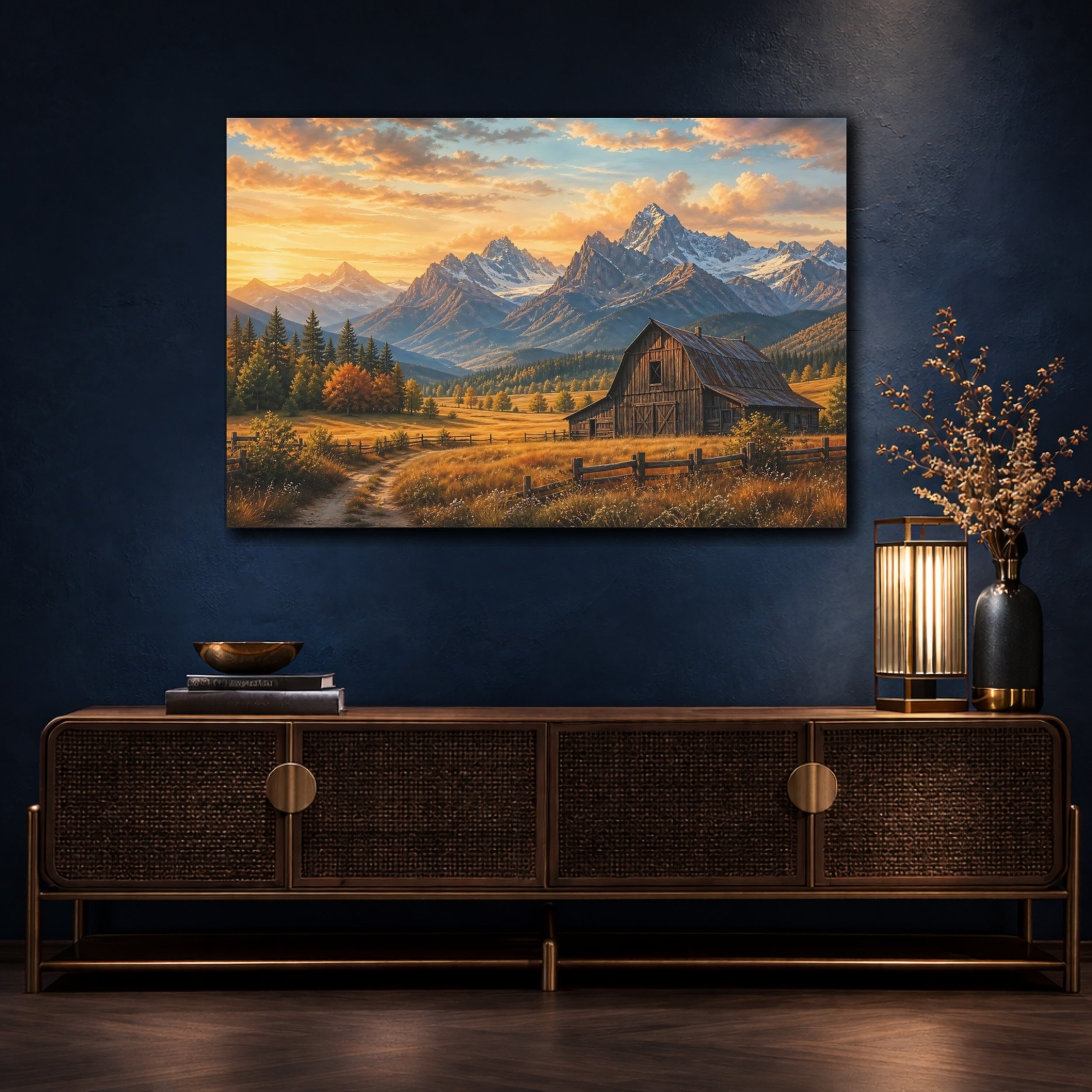 Mockup 4. Nature Mountain Barn Golden Mountain Barn shown as canvas print