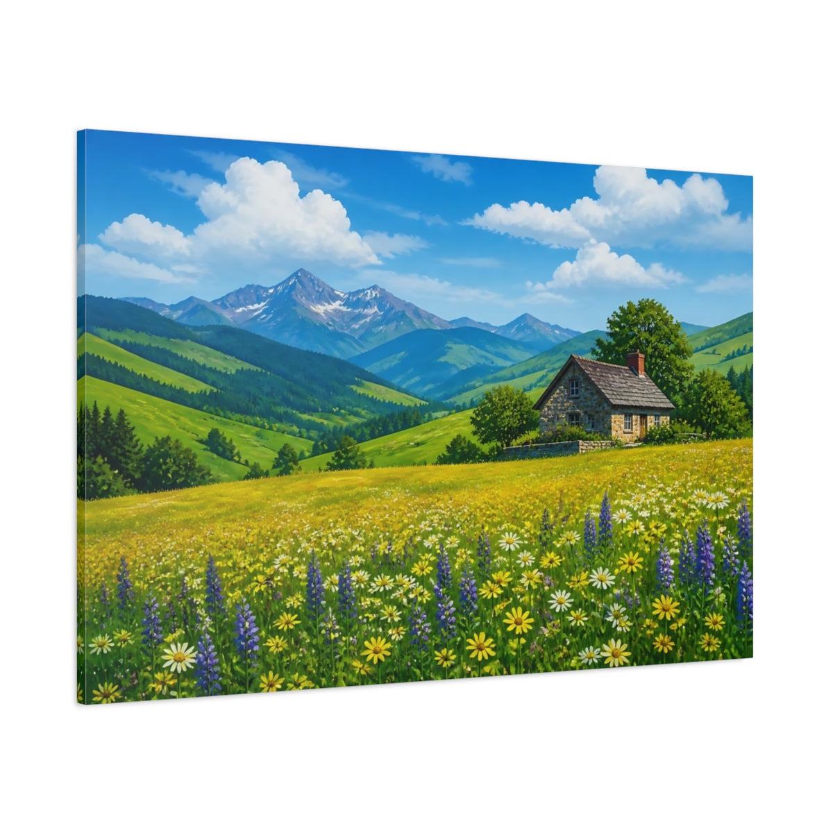 Side Mockup 1. Nature Mountain House Mountain House Meadow shown as stretched canvas wall art