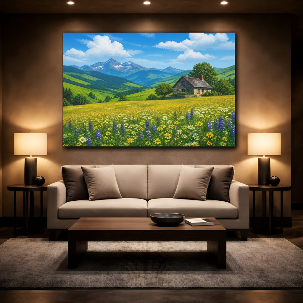 Mockup 2. Nature Mountain House Mountain House Meadow shown as stretched canvas wall art