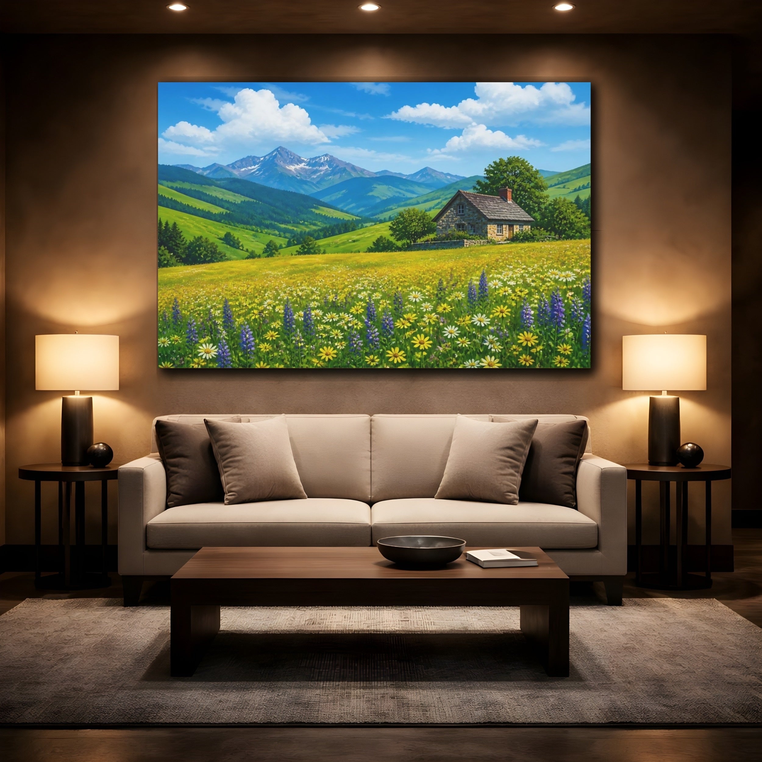 Mockup 2. Nature Mountain House Mountain House Meadow shown as stretched canvas wall art