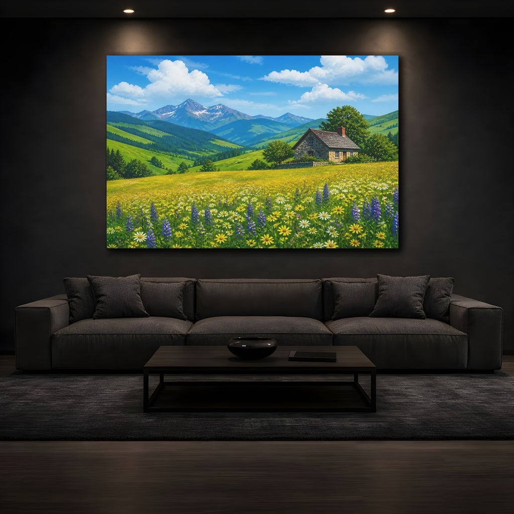 Mockup 3. Nature Mountain House Mountain House Meadow shown as stretched canvas wall art