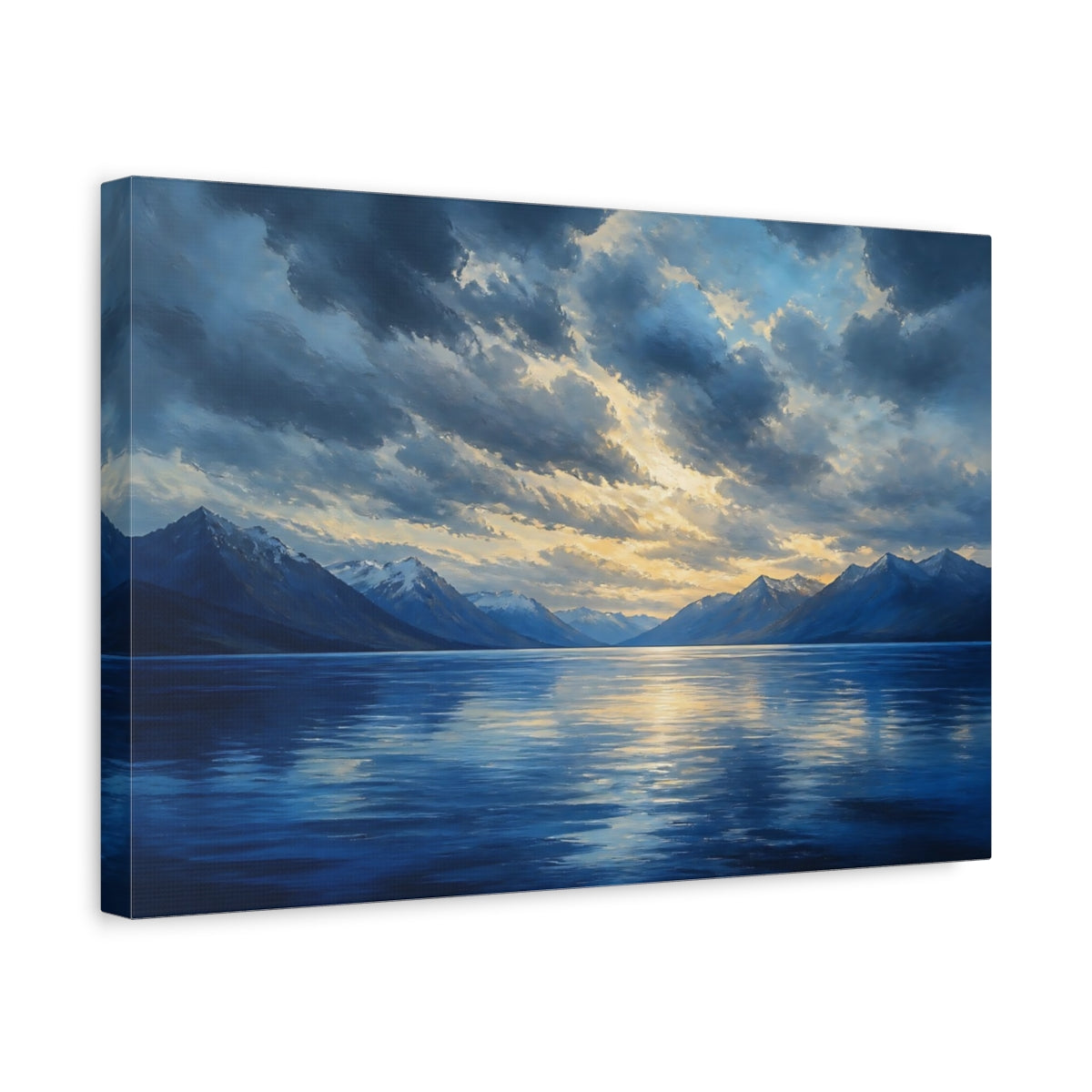 Side Mockup 4. Nature Mountain Lake Blue And Gold Landscape shown as canvas print