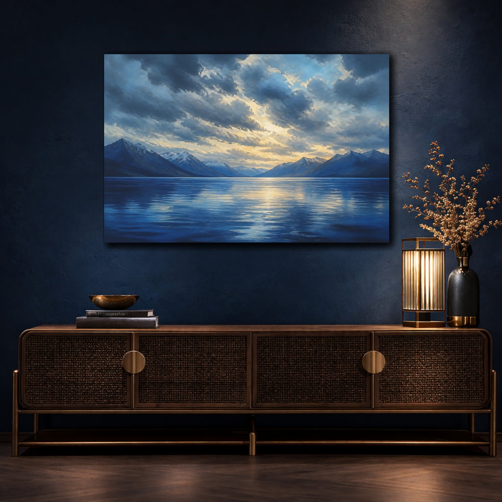Mockup 4. Nature Mountain Lake Blue And Gold Landscape shown as canvas print