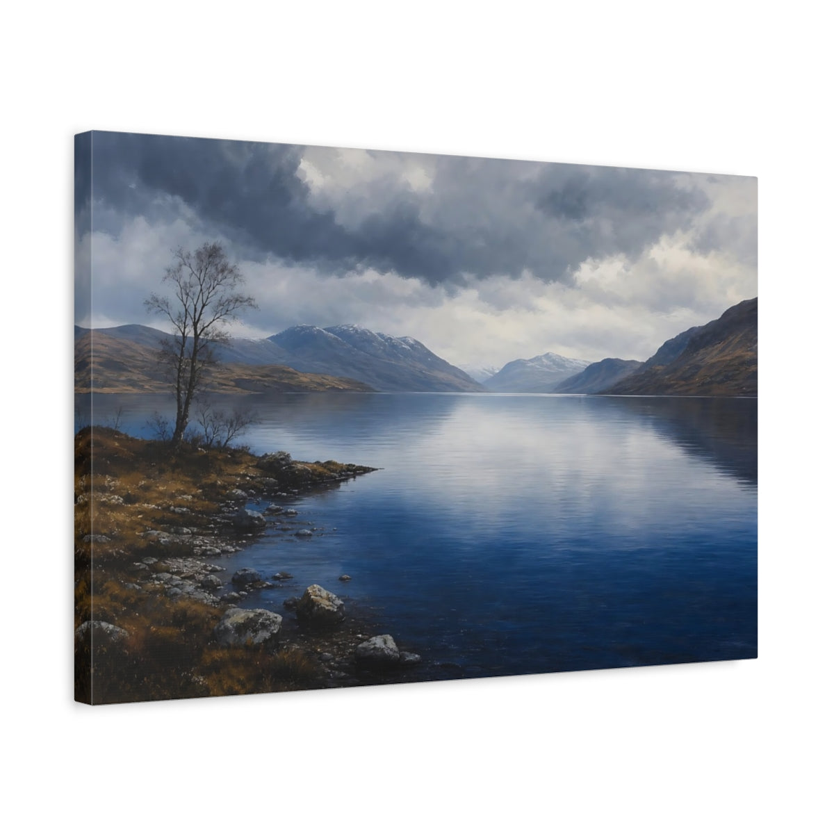 Side Mockup 3. Nature Mountain Lake Blue And Gray Landscape shown as canvas print