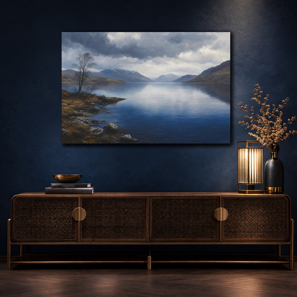 Mockup 4. Nature Mountain Lake Blue And Gray Landscape shown as canvas print