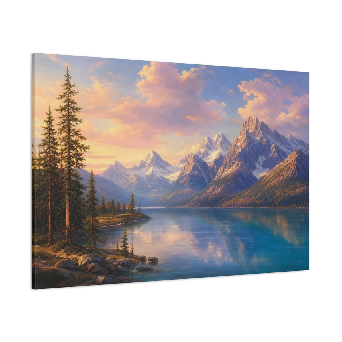 Side Mockup 1. Nature Mountain Lake Blue And Orange Landscape shown as canvas print