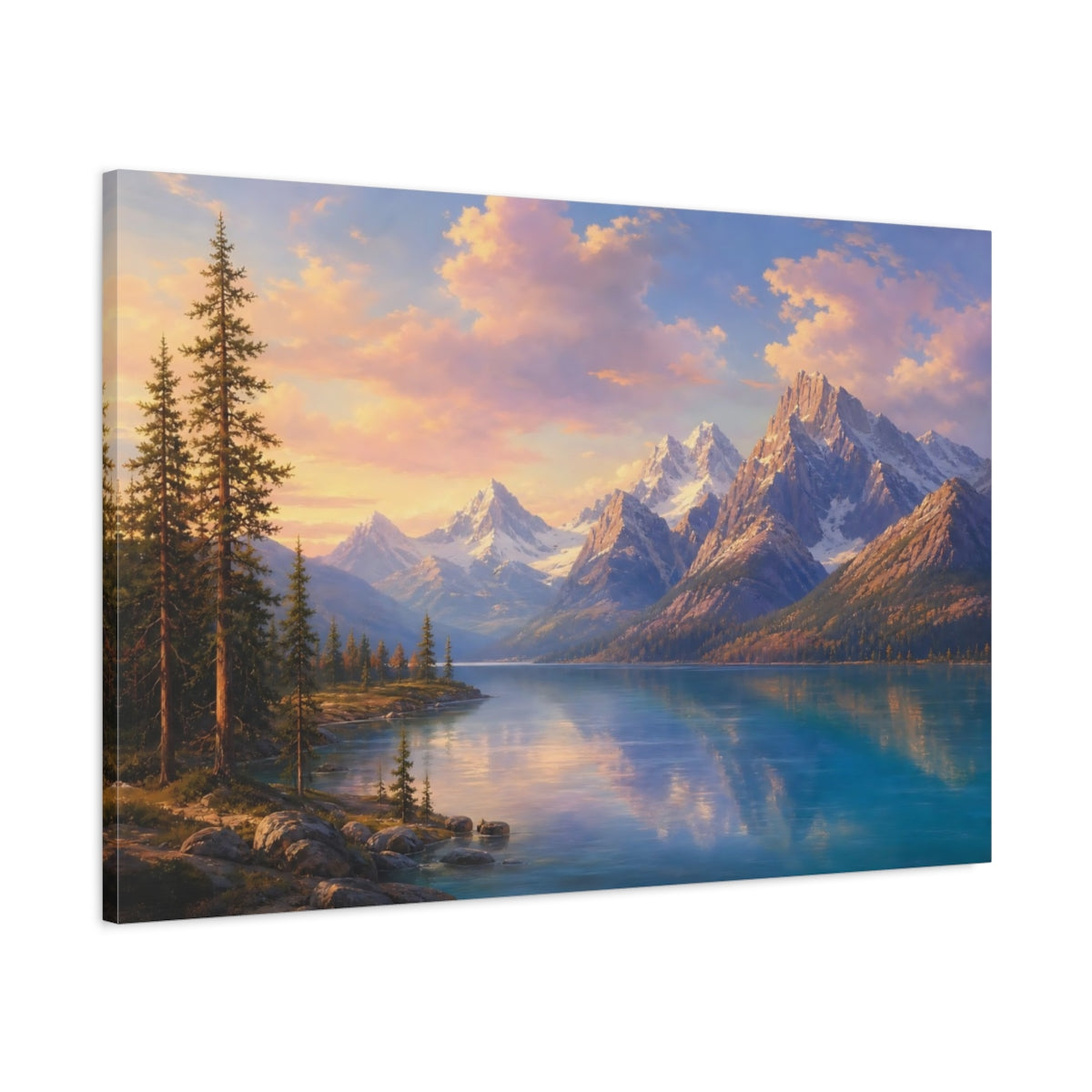 Main Mockup. Nature Mountain Lake Blue And Orange Landscape shown as canvas print
