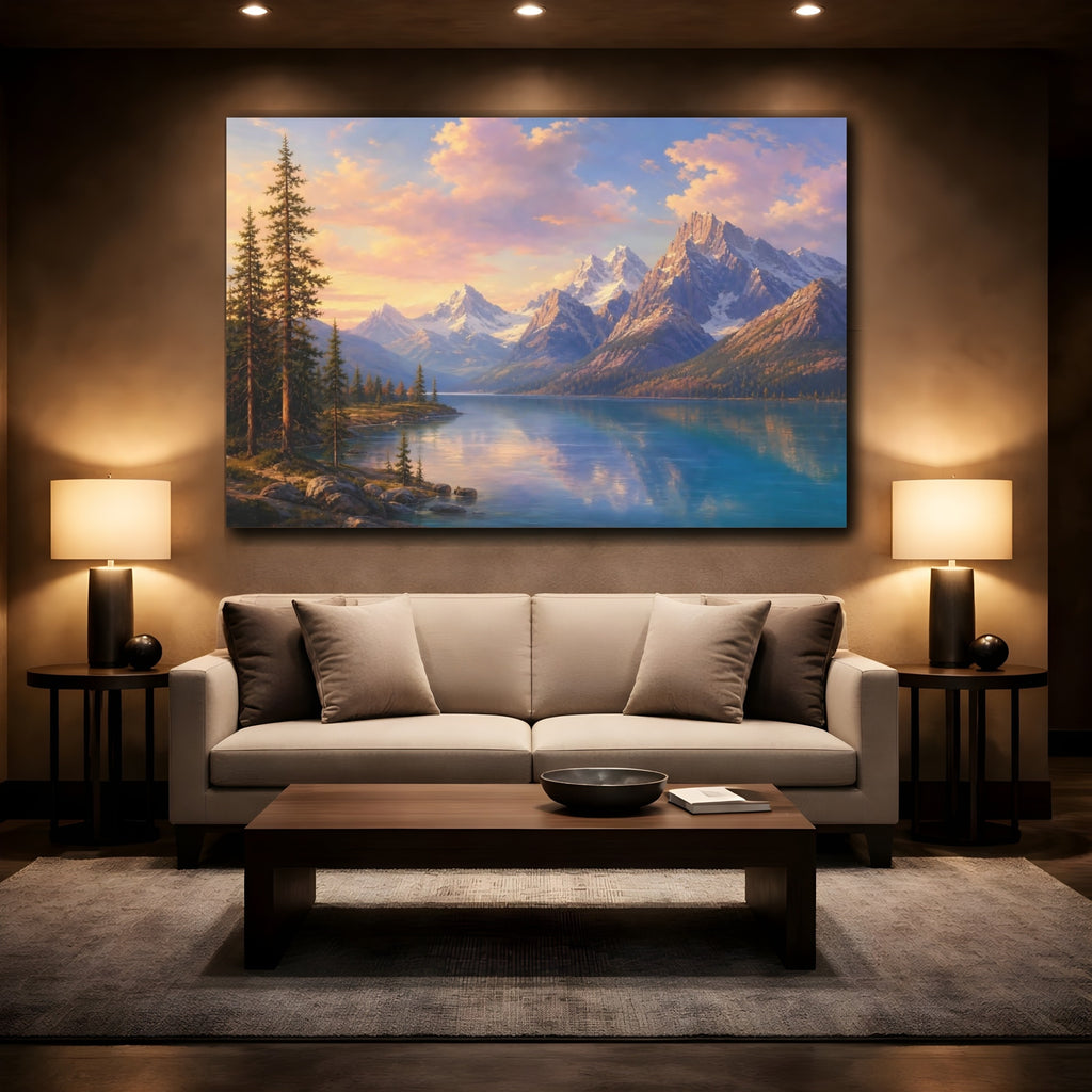 Mockup 2. Nature Mountain Lake Blue And Orange Landscape shown as canvas print