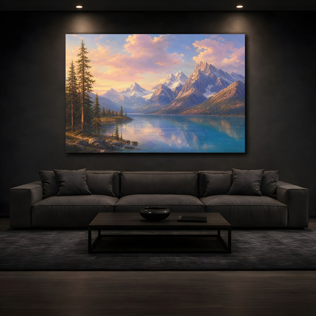Mockup 3. Nature Mountain Lake Blue And Orange Landscape shown as canvas print