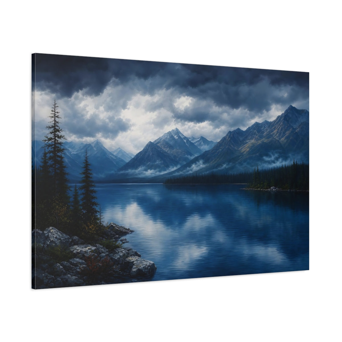 Side Mockup 1. Nature Mountain Lake Blue Lake Mountain shown as stretched canvas wall art