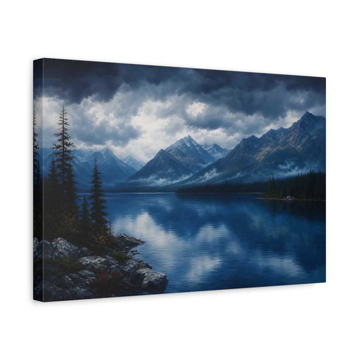 Side Mockup 4. Nature Mountain Lake Blue Lake Mountain shown as stretched canvas wall art