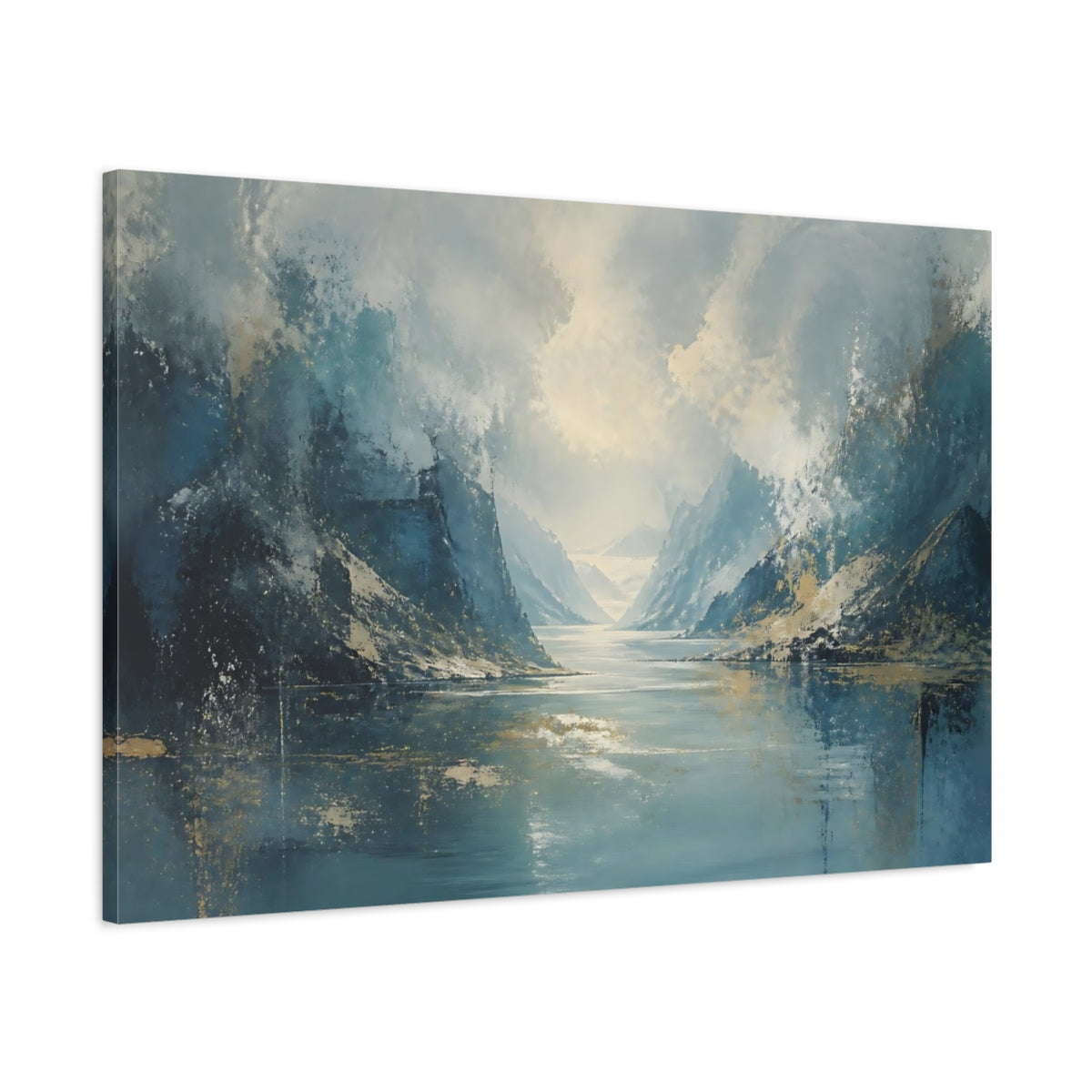 Main Mockup. Nature Mountain Lake Blue Gold Landscape shown as stretched canvas wall art