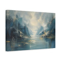 Side Mockup 4. Nature Mountain Lake Blue Gold Landscape shown as stretched canvas wall art