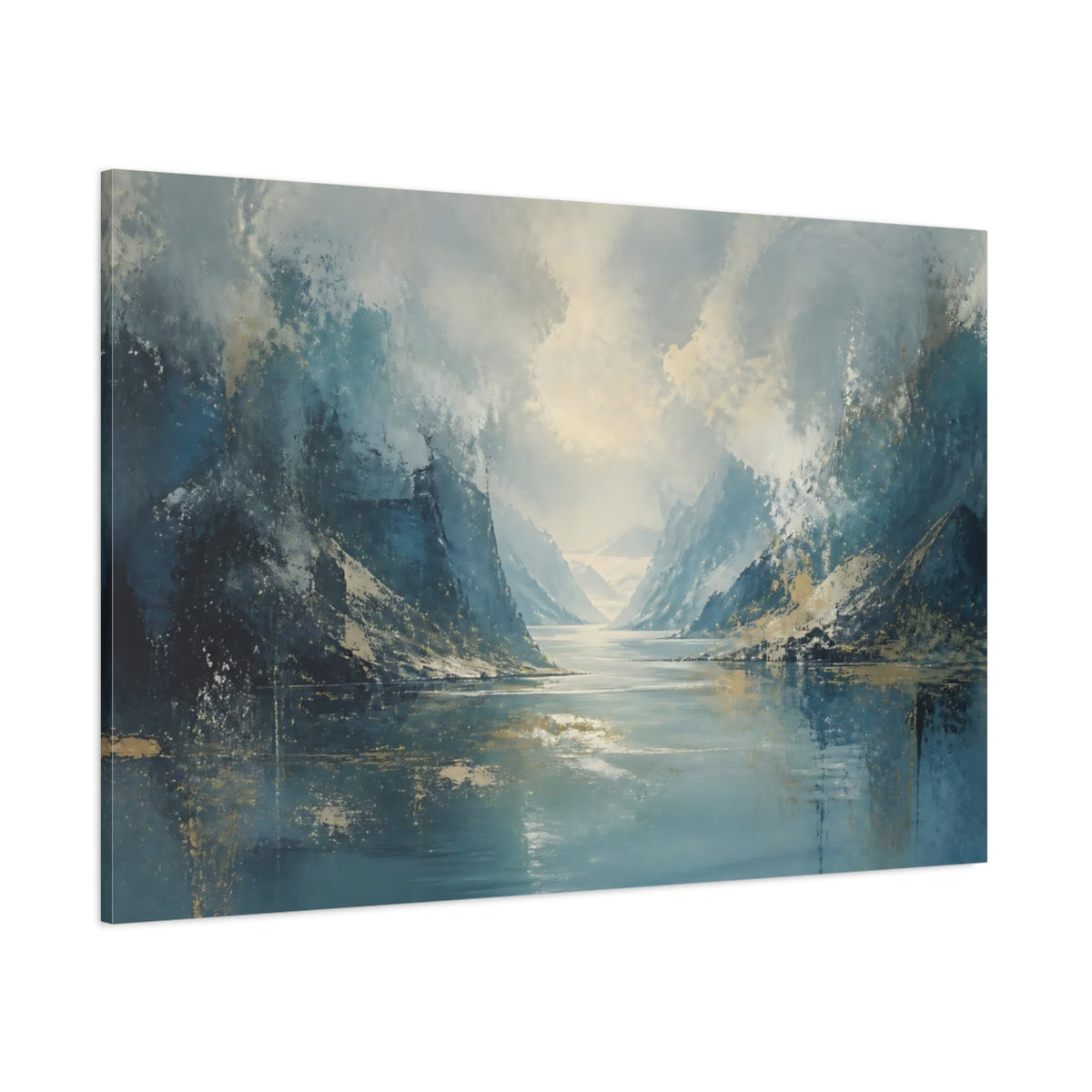 Side Mockup 1. Nature Mountain Lake Blue Gold Landscape shown as stretched canvas wall art