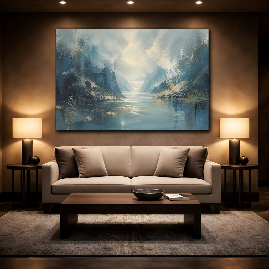 Mockup 2. Nature Mountain Lake Blue Gold Landscape shown as stretched canvas wall art