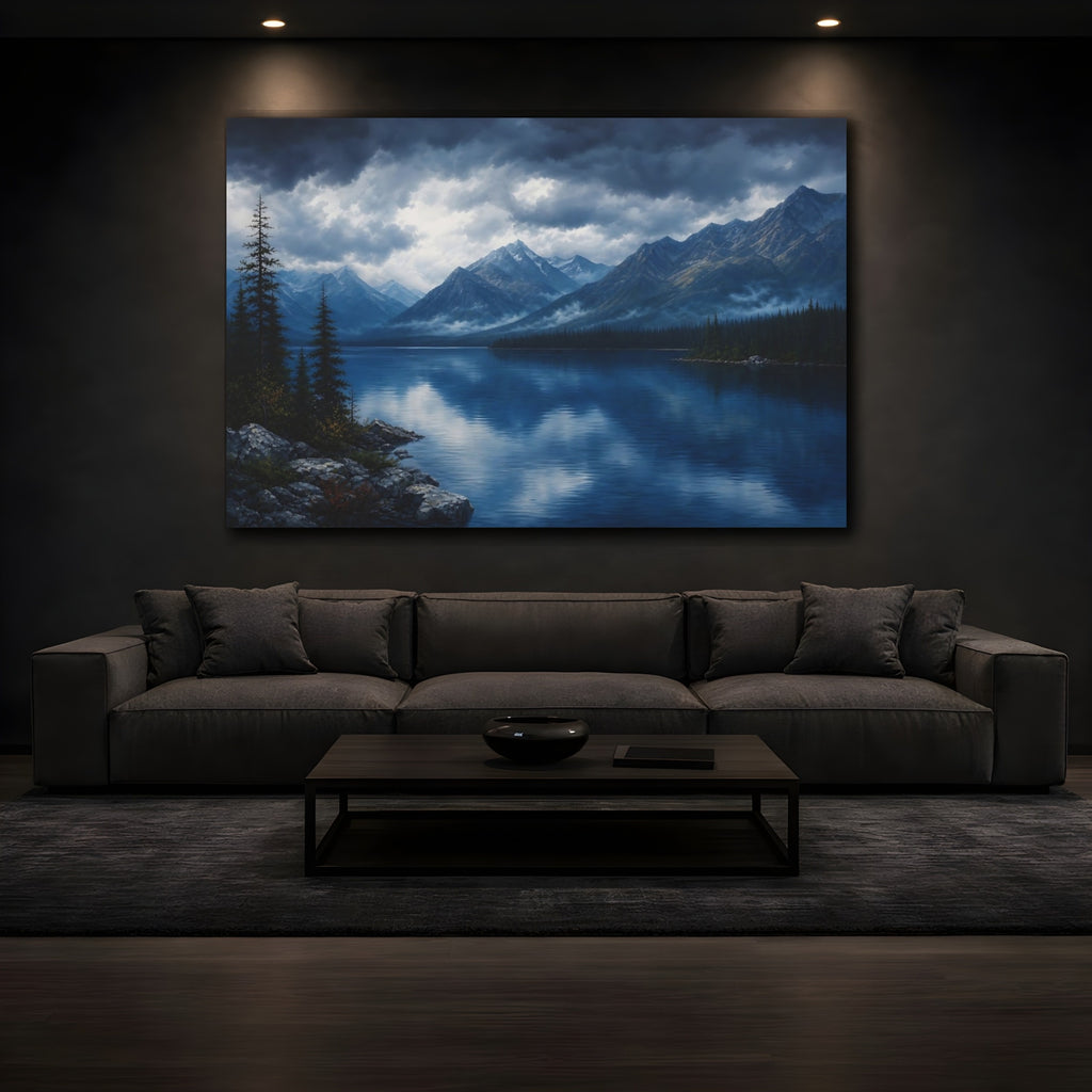Mockup 3. Nature Mountain Lake Blue Lake Mountain shown as stretched canvas wall art