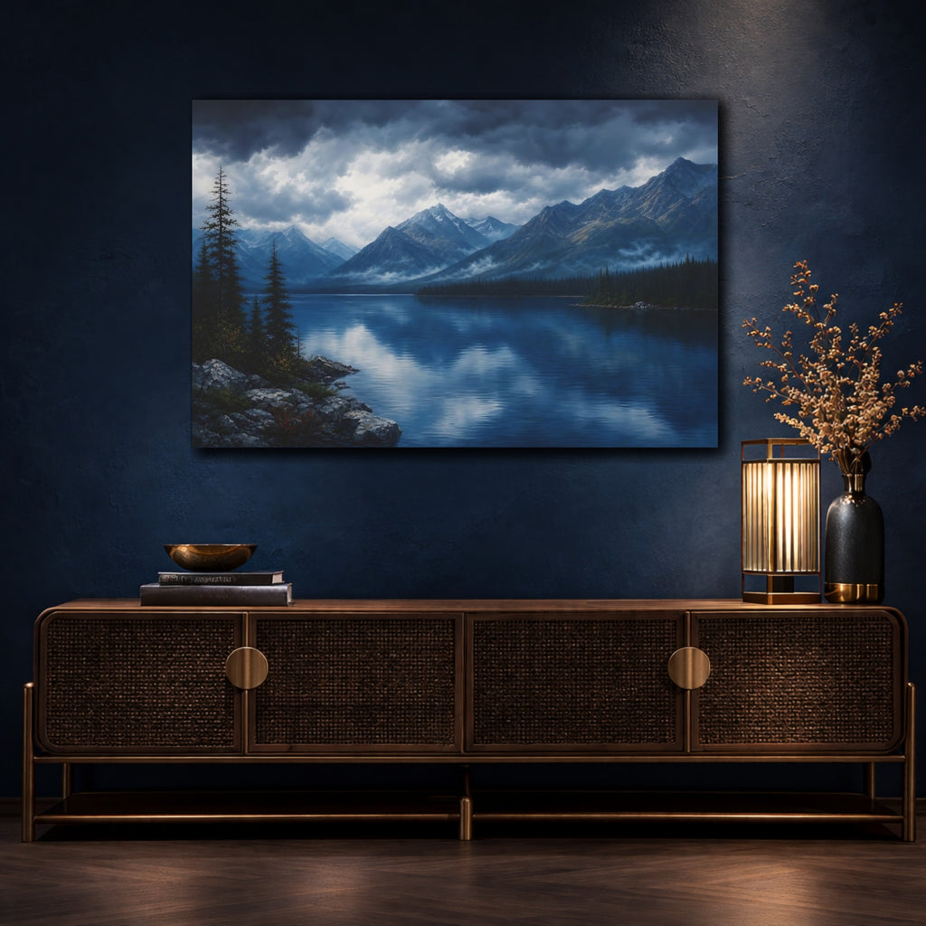 Mockup 4. Nature Mountain Lake Blue Lake Mountain shown as stretched canvas wall art