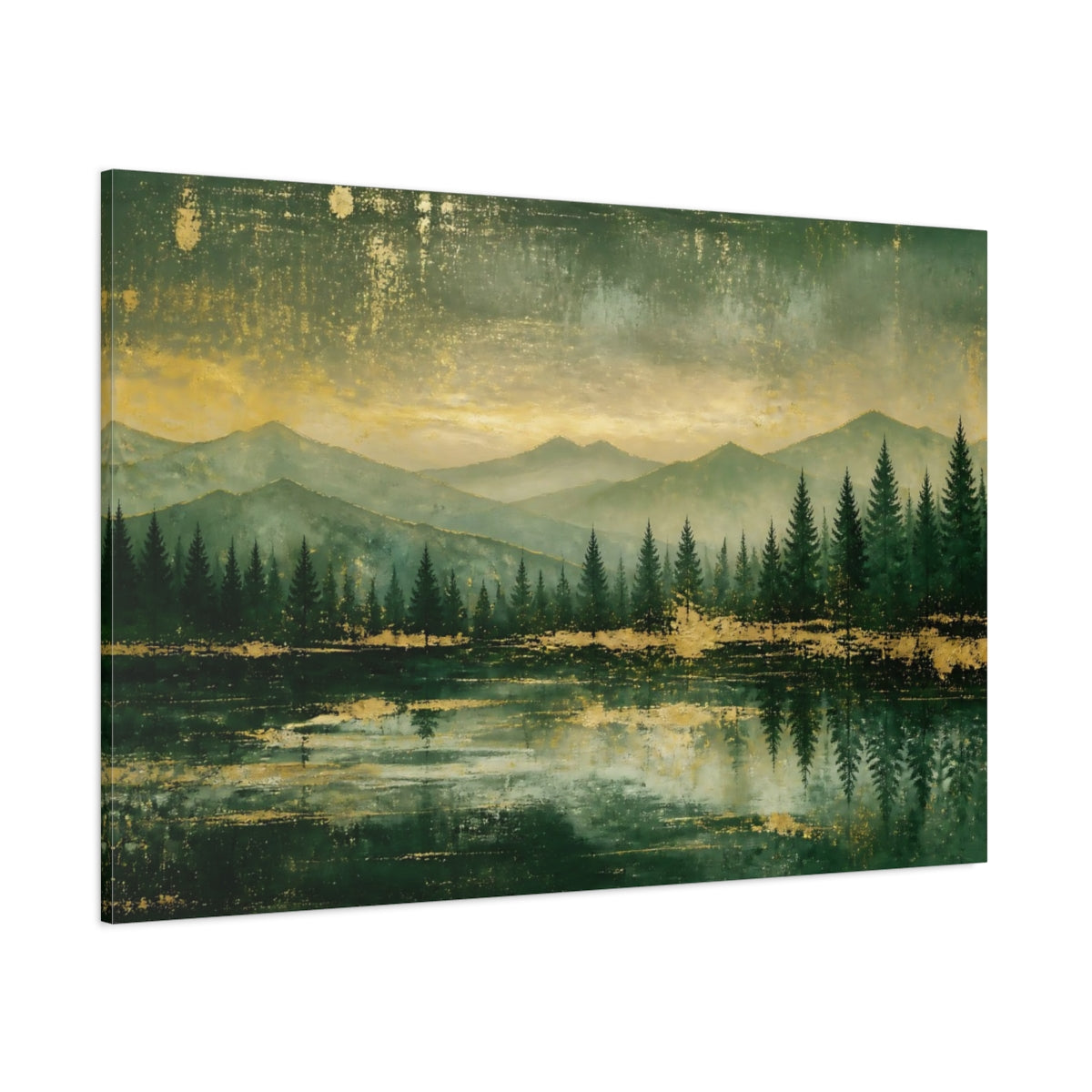 Side Mockup 1. Nature Mountain Lake Green And Gold shown as stretched canvas wall art