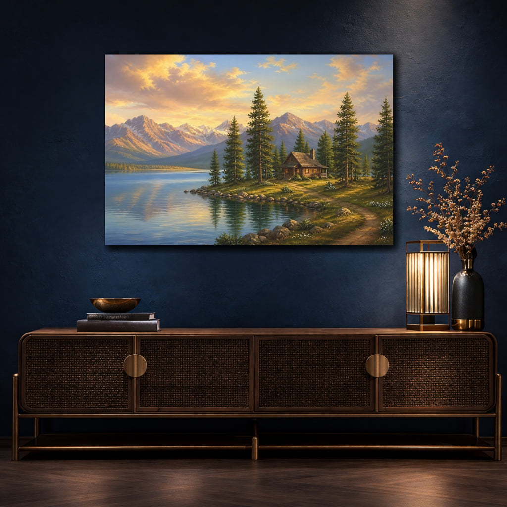 Mockup 4. Nature Mountain Lake Mountain Lake Sunset shown as stretched canvas wall art