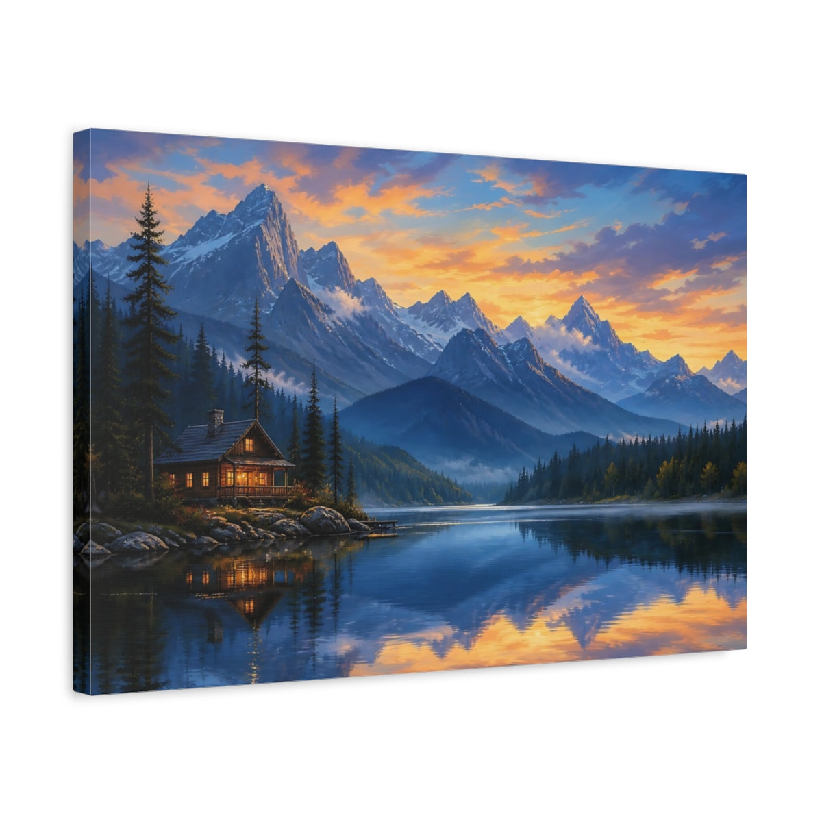 Side Mockup 3. Nature Mountain Lake Orange Blue Landscape shown as stretched canvas wall art